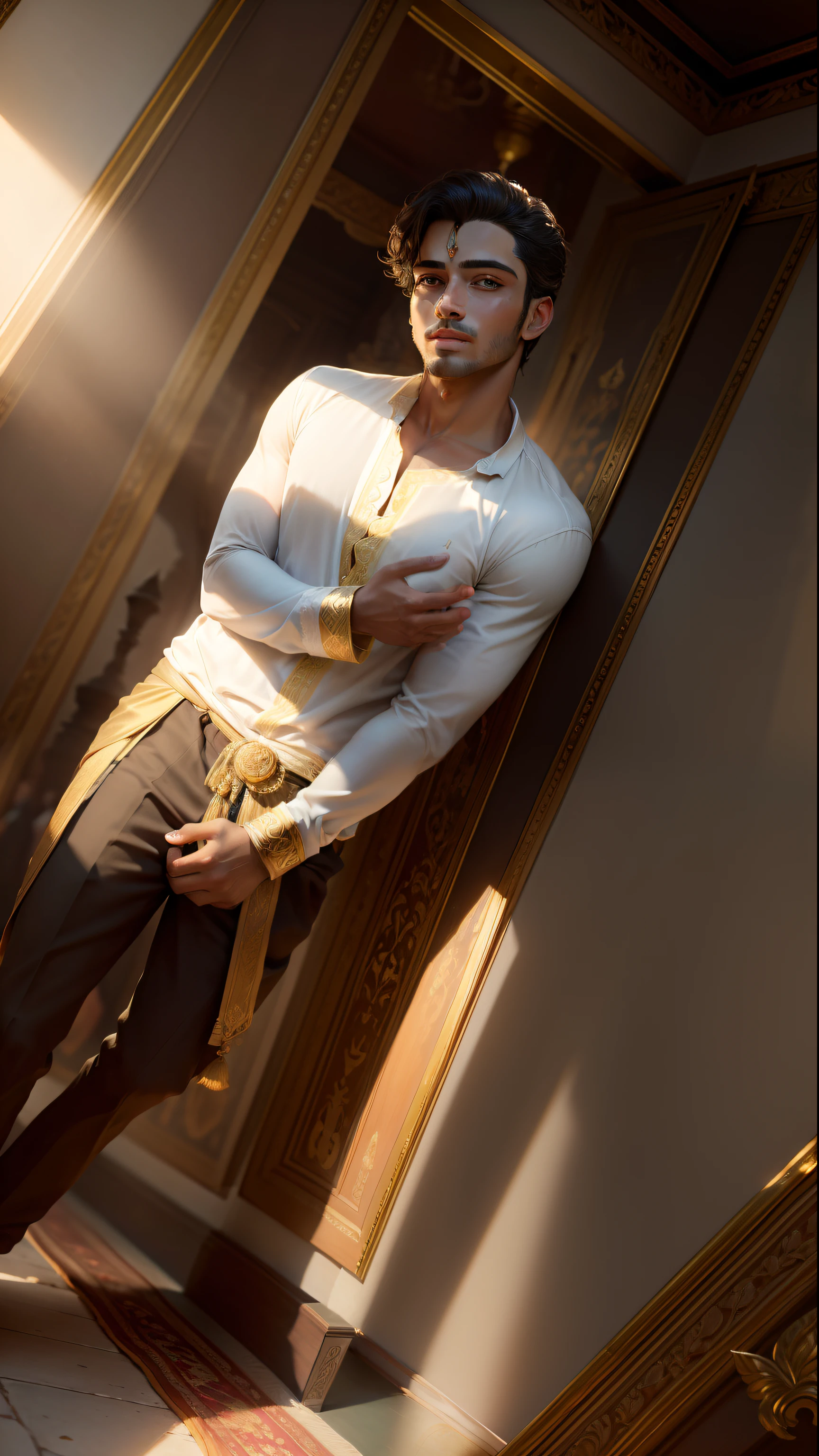 a handsome masculine man, floating in sky , wearing thobe, 8k, realistic, golden thobe, good portrait, good quality, view from blow, american, light skin, facial hair