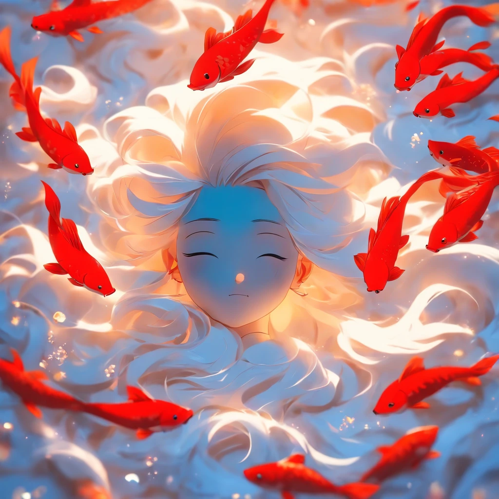 (White background:1.4),(Silhouette of a girl's head, Eyes closed, Long white hair,White fox ears,There are 9 fluffy cartoon fish,The tail has a fiery red color at the end, Oriental elements),(Chinese illustration:1.3,paper art:1.3, Quilted paper art:1.2),( reasonable design, Clear lines, High sharpness,Best quality, Very detailed, Masterpiece, movie light effect, 4K )