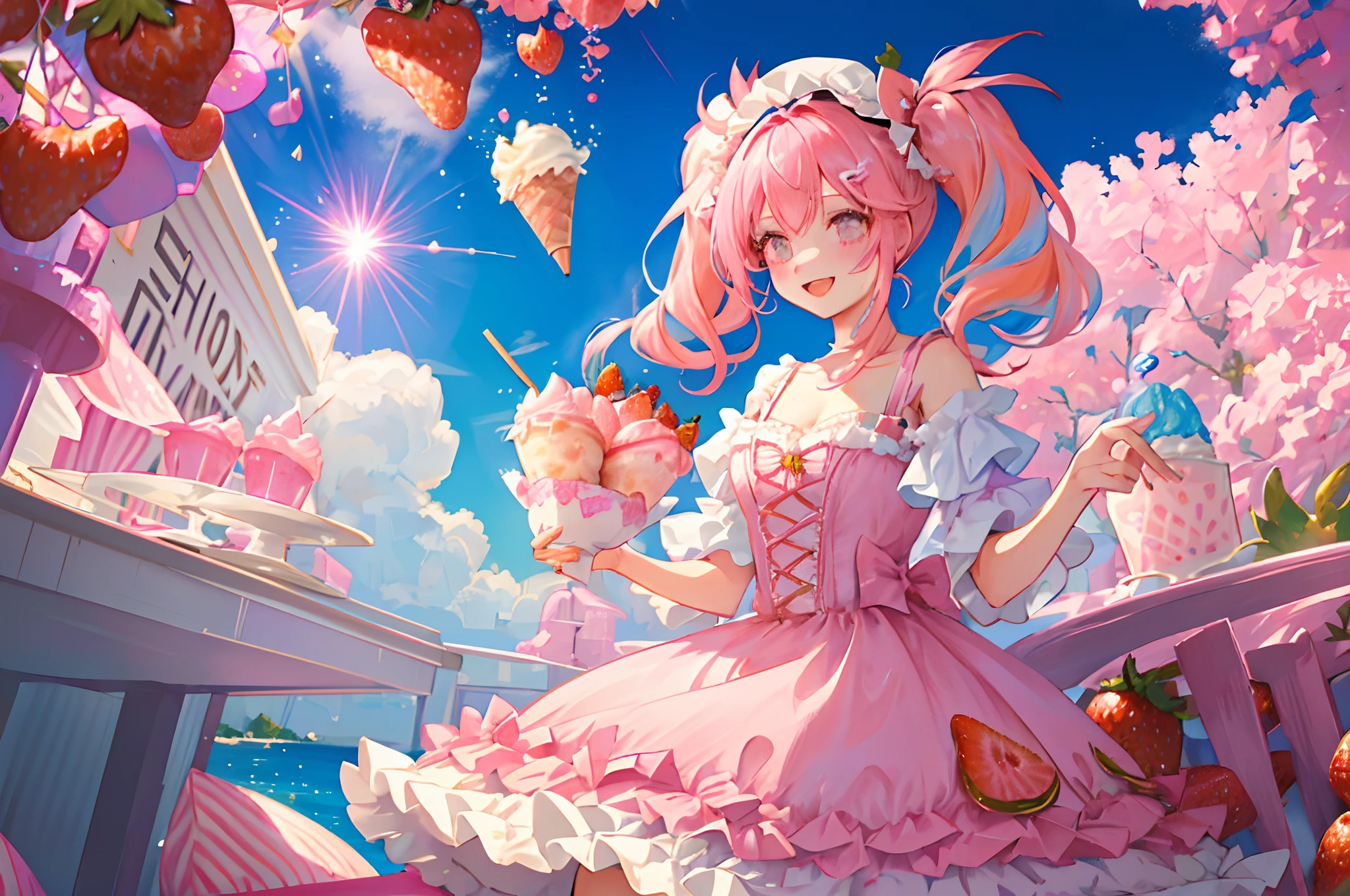 beautiful detailed fashion magazine style, pink hair girl wearing pastel decora fashion, intricate illustration, ice cream, sweets, shimmer, iridescent, light particles, cake, strawberries, fruits, dynamic angle, pink theme, pink hair, twintail, glossy, shiny clothes, ****ta fashion, frills, smile, 8k