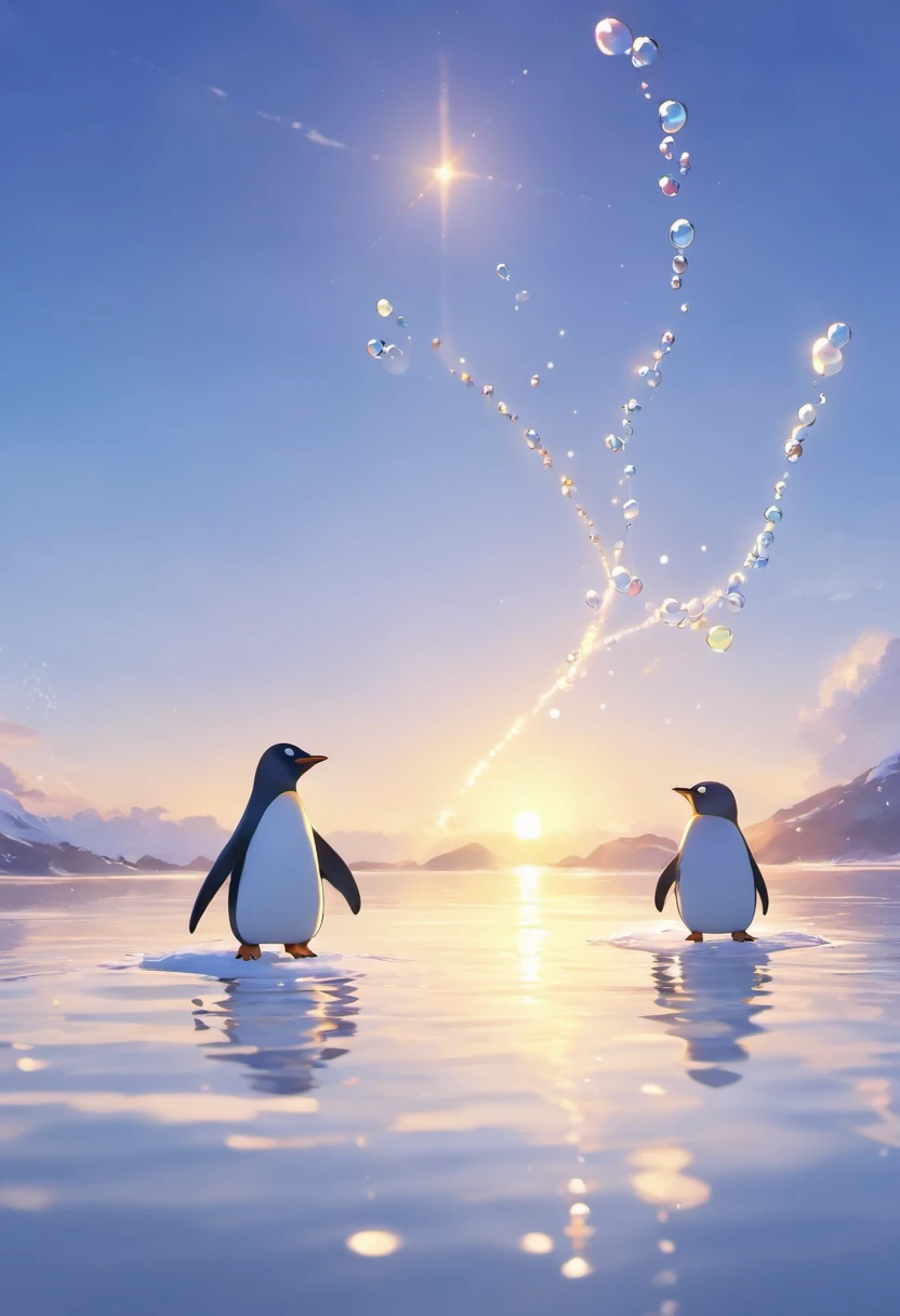 An inspiring scene in ultra-high definition 3D showcasing penguins making wishes on the shores of a tranquil lake. penguin, Beautifully rendered down to the smallest detail, Bubbles are seen gently blowing into the air, Each has a hopeful wish. Bubbles capture the reflection of the setting sun, Dreamy creation, magical effect. The overall atmosphere is soft, Full of hope and tranquility