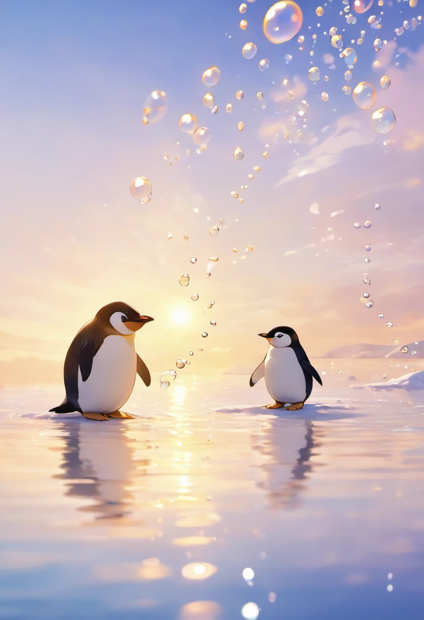 An inspiring scene in ultra-high definition 3D showcasing penguins making wishes on the shores of a tranquil lake. penguin, Beautifully rendered down to the smallest detail, Bubbles are seen gently blowing into the air, Each has a hopeful wish. Bubbles capture the reflection of the setting sun, Dreamy creation, magical effect. The overall atmosphere is soft, Full of hope and tranquility