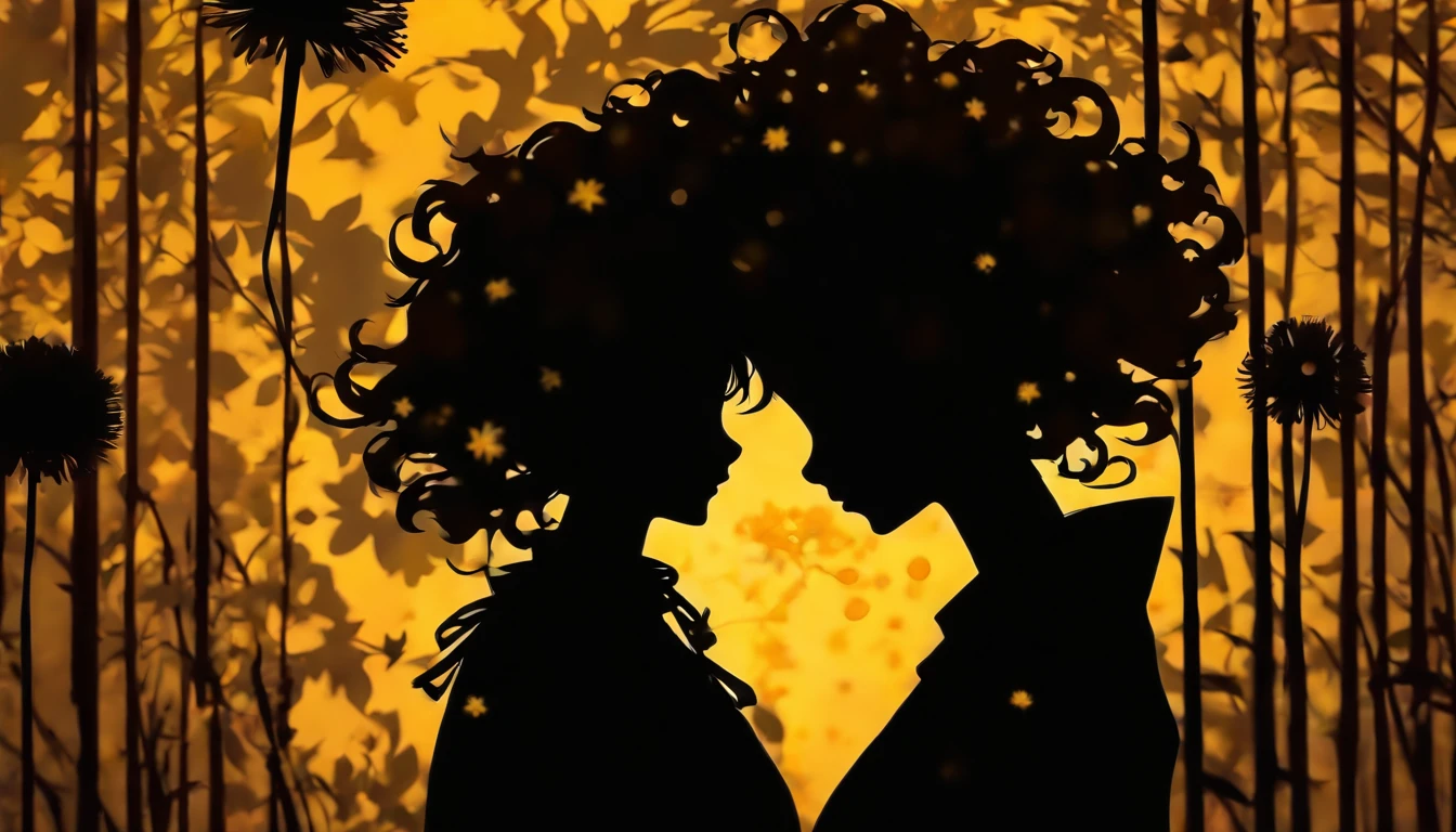 (Silhouette Art,cutouts:1.6)
(((Paper cutting art,A world where only black exists:1.3)
(Cowboy Shot),1 girl,Solo,
(Kimono Girl,profile:1.2),white, Clear and beautiful face,
BREAK
(Yellow dandelion、Horsetail)
Textured glass background,