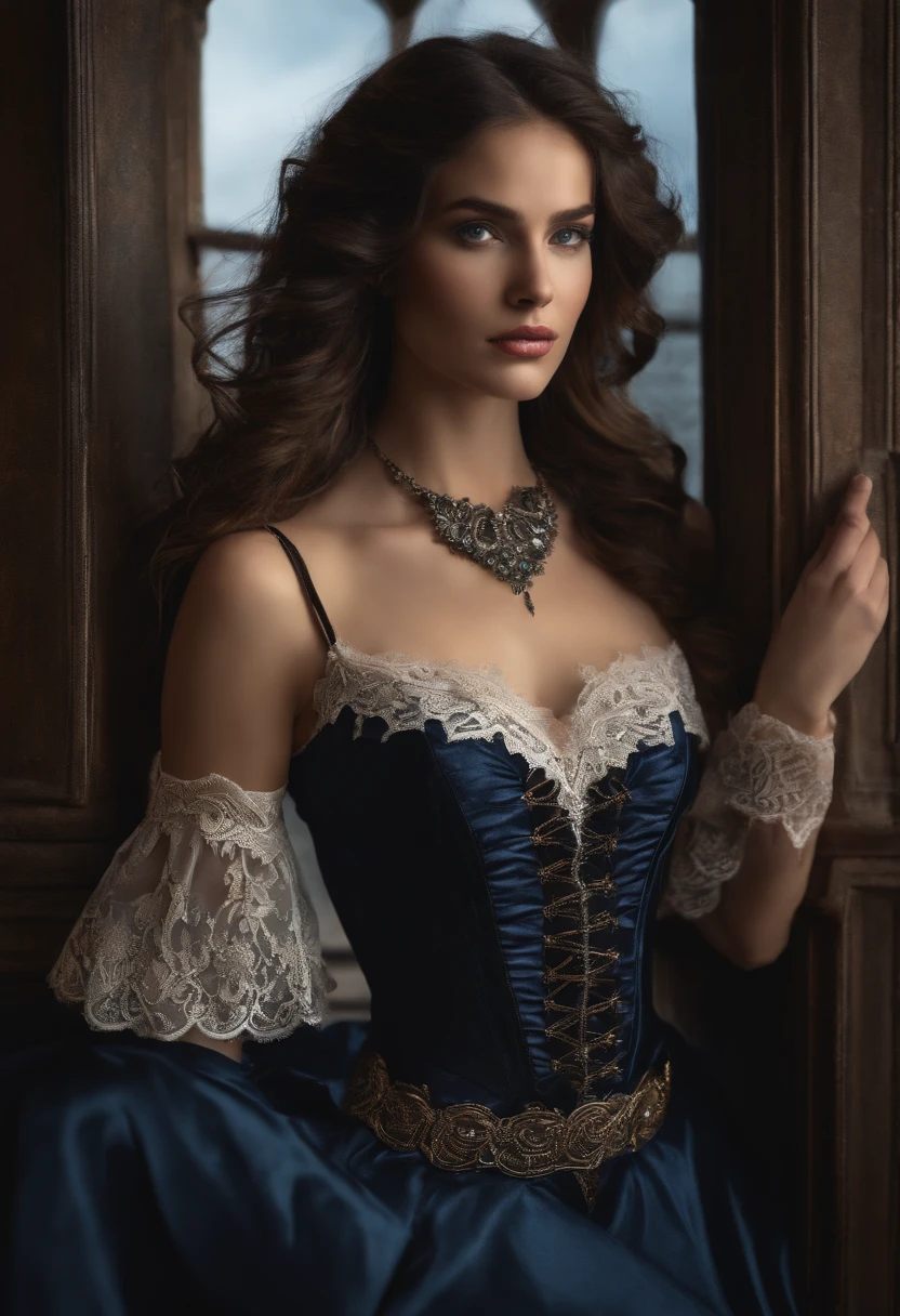 (best quality:1.2), solo, cowboy shot, 1girl, Charlotte Aulin, expressionless, closed mouth, looking at viewer, ascot, capelet, skirt, blue thigh highs, detailed eyes, detailed lips, confident glare, dark wavy hair, ornate silver necklace, moonlit background, Gothic architecture, intricate lace details, soft shadows, vibrant colors, ethereal glow.