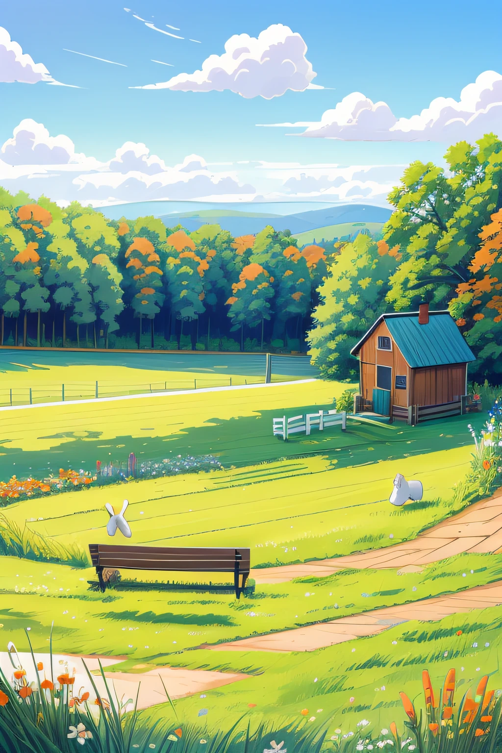 bench in a grassy field. There is a crate of carrots next to the bench, and a bunny sitting on the bench. The bunny is holding a carrot in its mouth. The bench is facing a blue wooden fence, and there is a spring green grassy hill in the background. The sky is blue with a few white clouds.