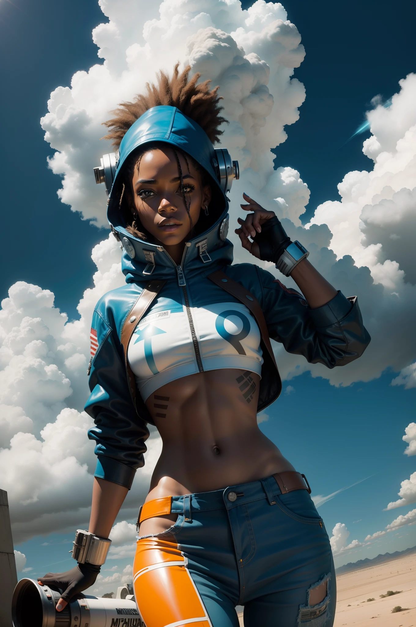 rocket sci fi female fashion model in style of Jean-Michel Basquiat flying in the clouds
