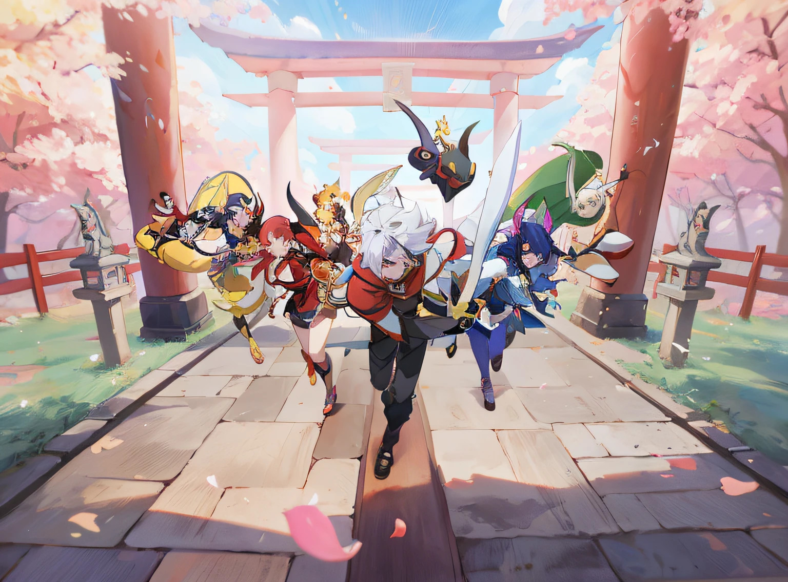 Anime characters run in paths with doors in the background, Onmyoji detailed art, onmyoji, Genshin, offcial art, video game genshin impact, 2. 5 D CGI anime fantasy artwork, league of legends style art, anime key visual concept art of, Genshin impact's character, Official artwork, league of legends art style, anime in fantasy style