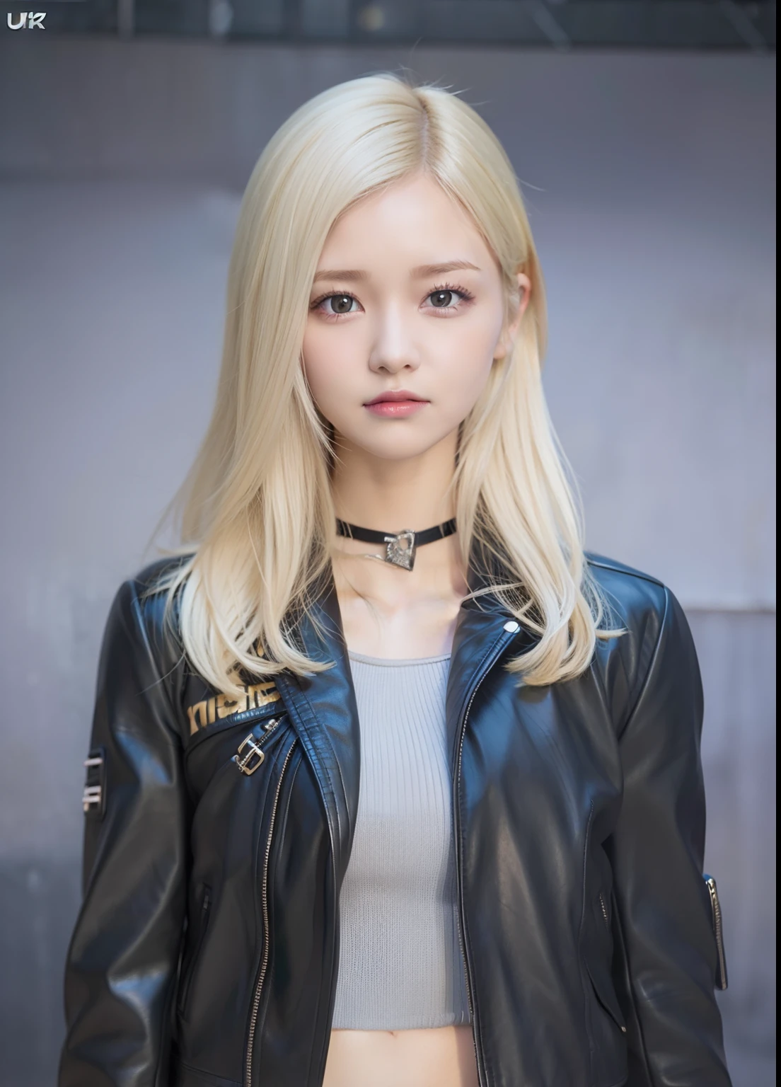 1girl, black leather jacket, blonde hair,undawn game,long hair, realistic, ultra detail, 70mm lens,
