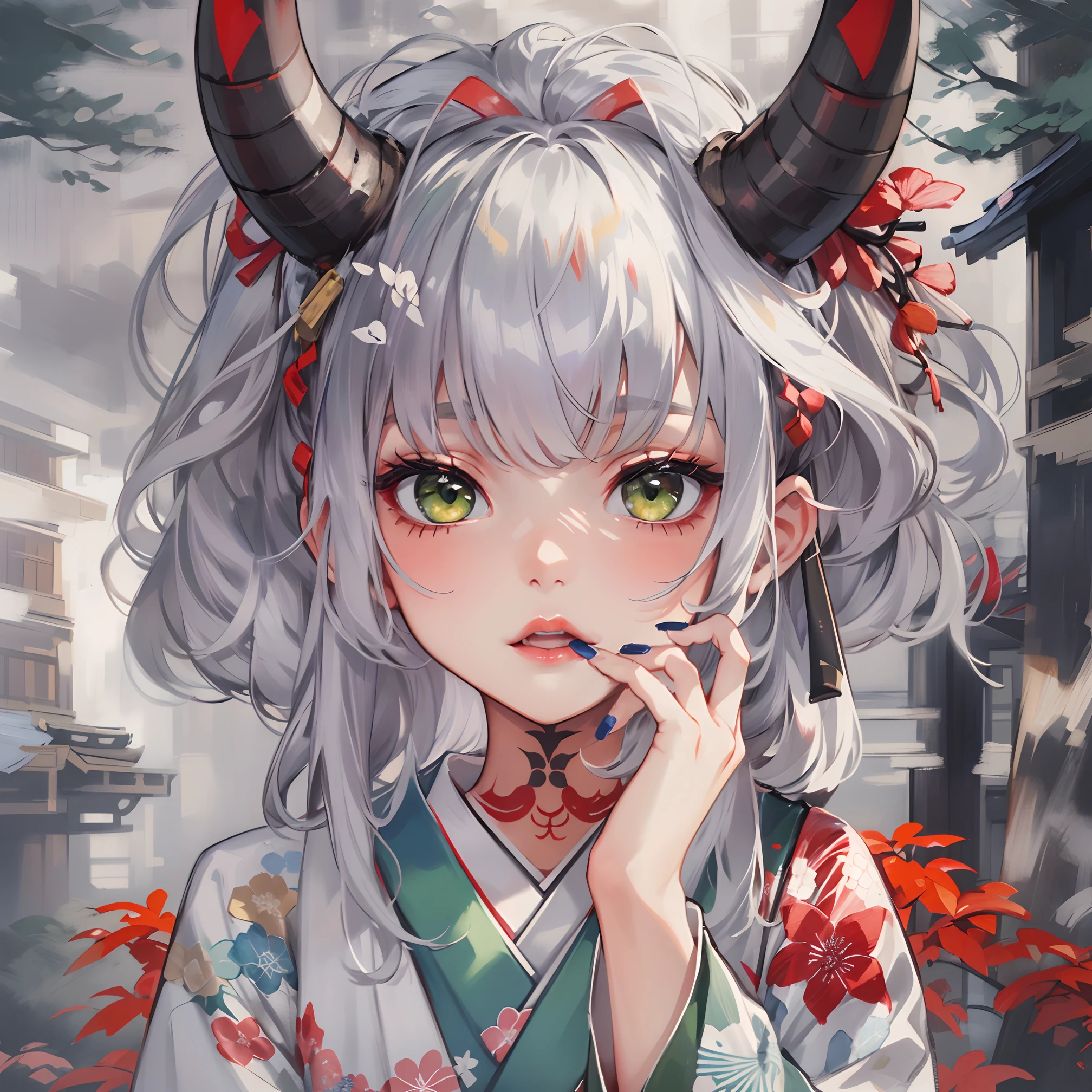 best quality, highly detailed beautiful face and eye, (1girl, solo), (loli, 12years old), kimono, (silver straight hair, hair ribbon), demon horns, light green eyes, (lovely red lips, biting my nails), blue nail, floral tattoo on face, earnest expression, Japanese ancient capital, forest, face focus