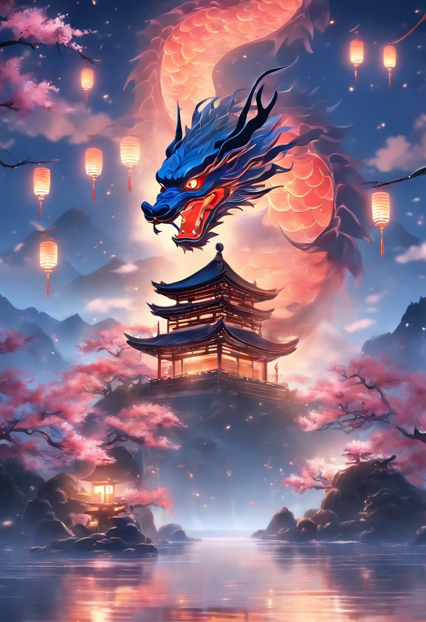 (best quality,4k,8k,highres,masterpiece:1.2),ultra-detailed,realistic,oriental holy dragon spirit,serene garden,traditional Chinese painting style,subtle brush strokes,deep mythical symbolism,ethereal atmosphere,vibrant colors,elegant curves,ancient temple,elaborate dragon scales,floating lanterns,cherry blossom tree,pagoda in the distance,peaceful river,water ripples reflecting moonlight,silhouette of mountains,HDR,UHD,soft lighting.