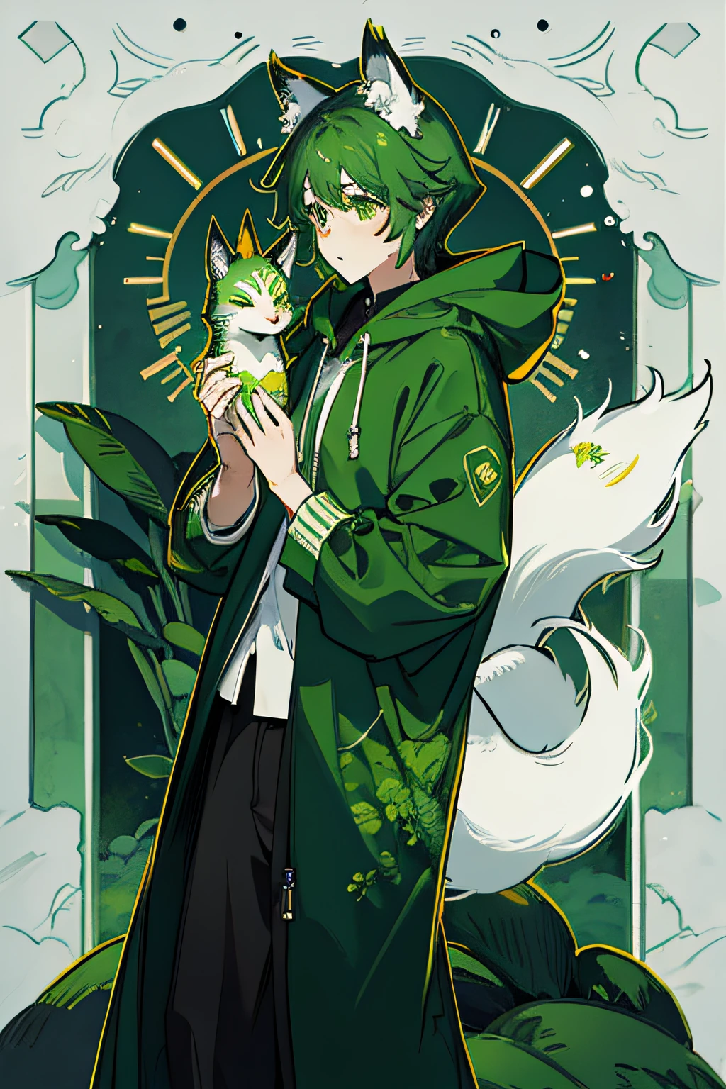 Young man wearing fox mask。Theme color is green、Dressed in a hoodie。