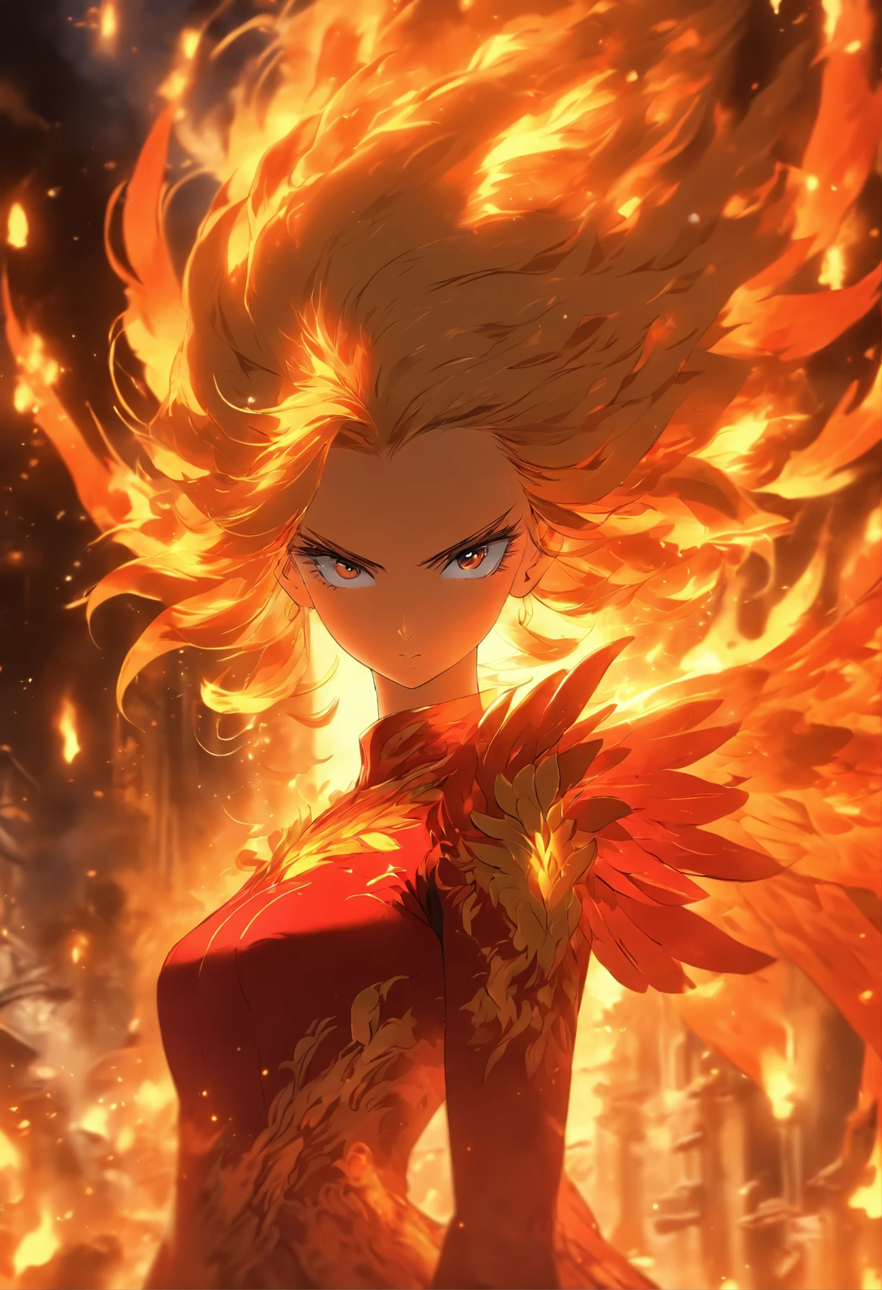 a beautiful woman in a red dress standing in front of a large bird, with fiery golden wings of flame, ornate with fiery explosions, artwork of a phoenix, ''wallpaper of a phoenix, ''wallpaper of a phoenix resting, with fiery golden wings, anime fantasy illustration, holy fire spell art, phoenix rising from the ashes, Masterpiece, anime fantasy artwork, anime epic artwork