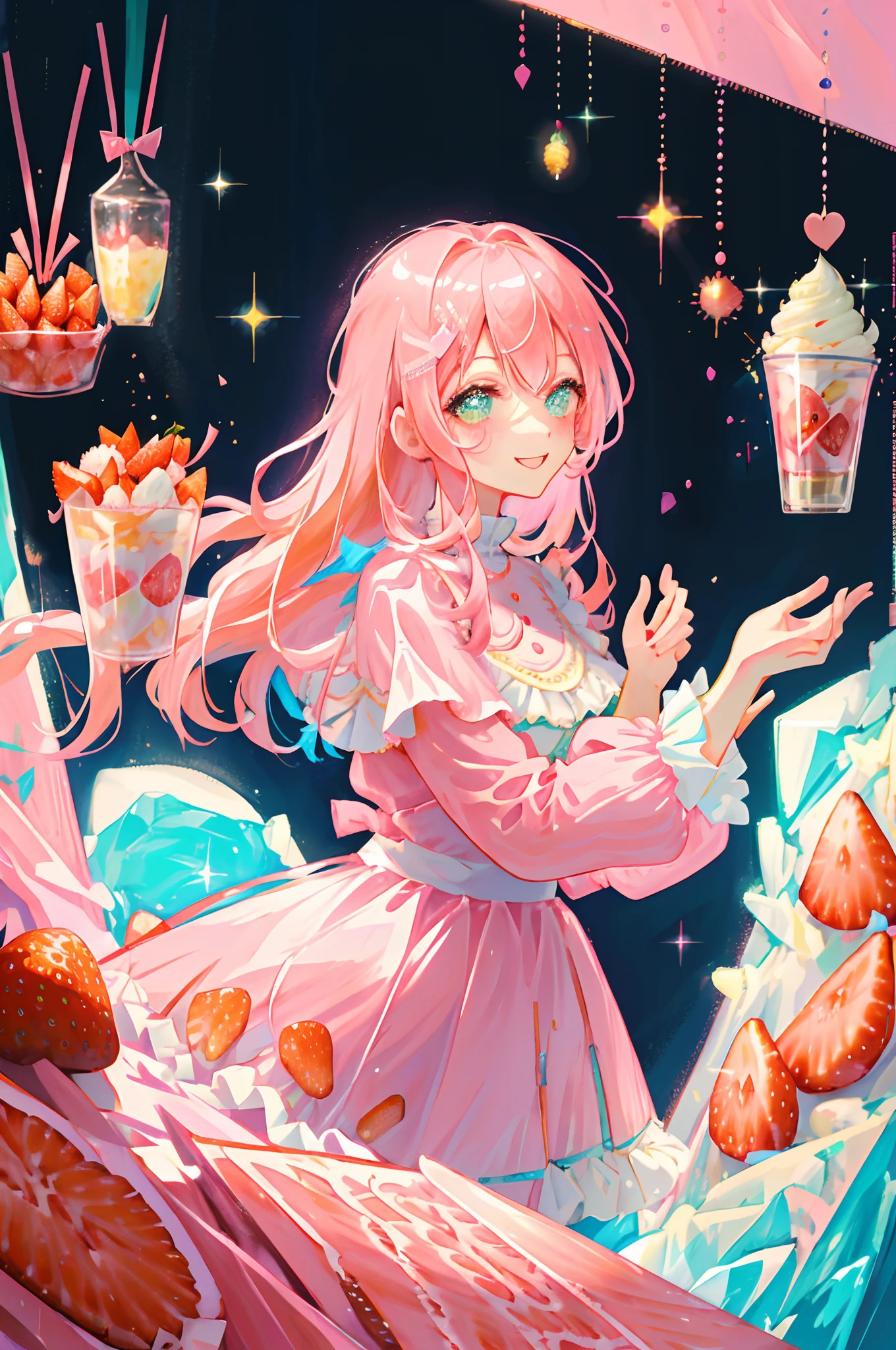 beautiful detailed fashion magazine style, pink hair girl wearing pastel decora fashion, intricate illustration, ice cream, sweets, shimmer, iridescent, light particles, cake, strawberries, fruits, dynamic angle, pink theme, glossy, shiny clothes, frills, 8k, smile