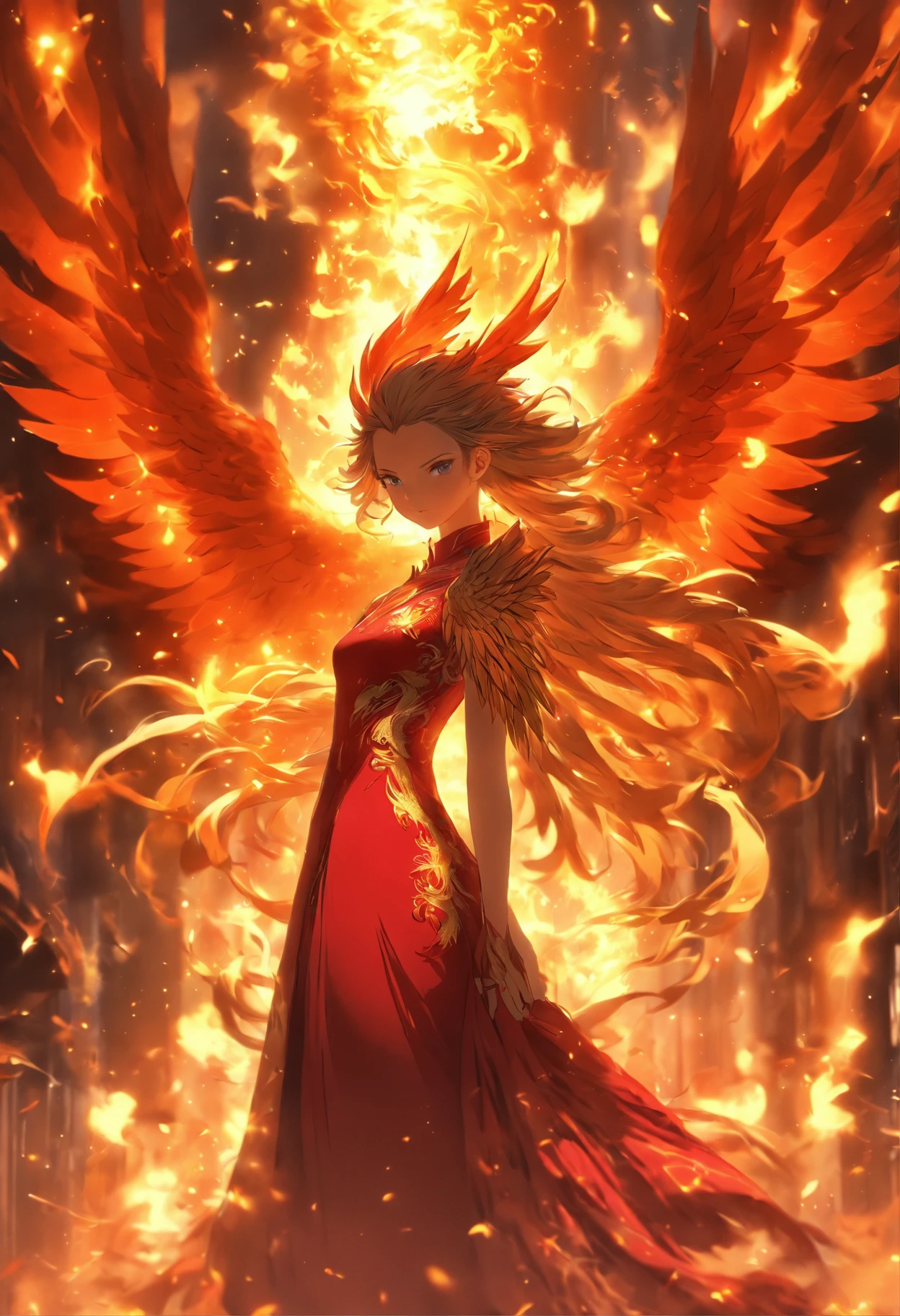 a beautiful woman in a red dress standing in front of a large bird, with fiery golden wings of flame, ornate with fiery explosions, artwork of a phoenix, ''wallpaper of a phoenix, ''wallpaper of a phoenix resting, with fiery golden wings, anime fantasy illustration, holy fire spell art, phoenix rising from the ashes, Masterpiece, anime fantasy artwork, anime epic artwork