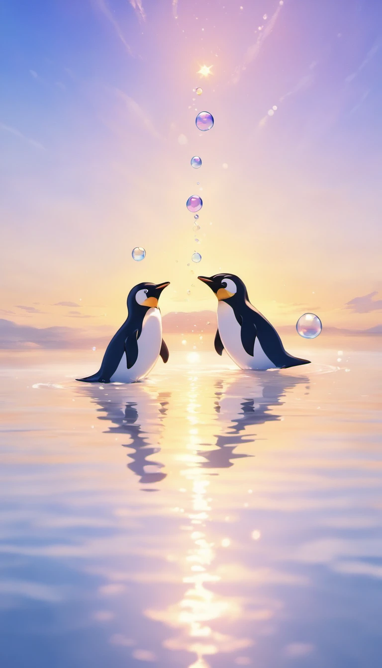An inspiring scene in ultra-high definition 3D showcasing penguins making wishes on the shores of a tranquil lake. penguin, Beautifully rendered down to the smallest detail, Bubbles are seen gently blown into the air, Each has a wish of hope. Bubbles capturing the reflection of the setting sun, Dreamy creation, magical effect. The overall atmosphere is soft, Full of hope and tranquility