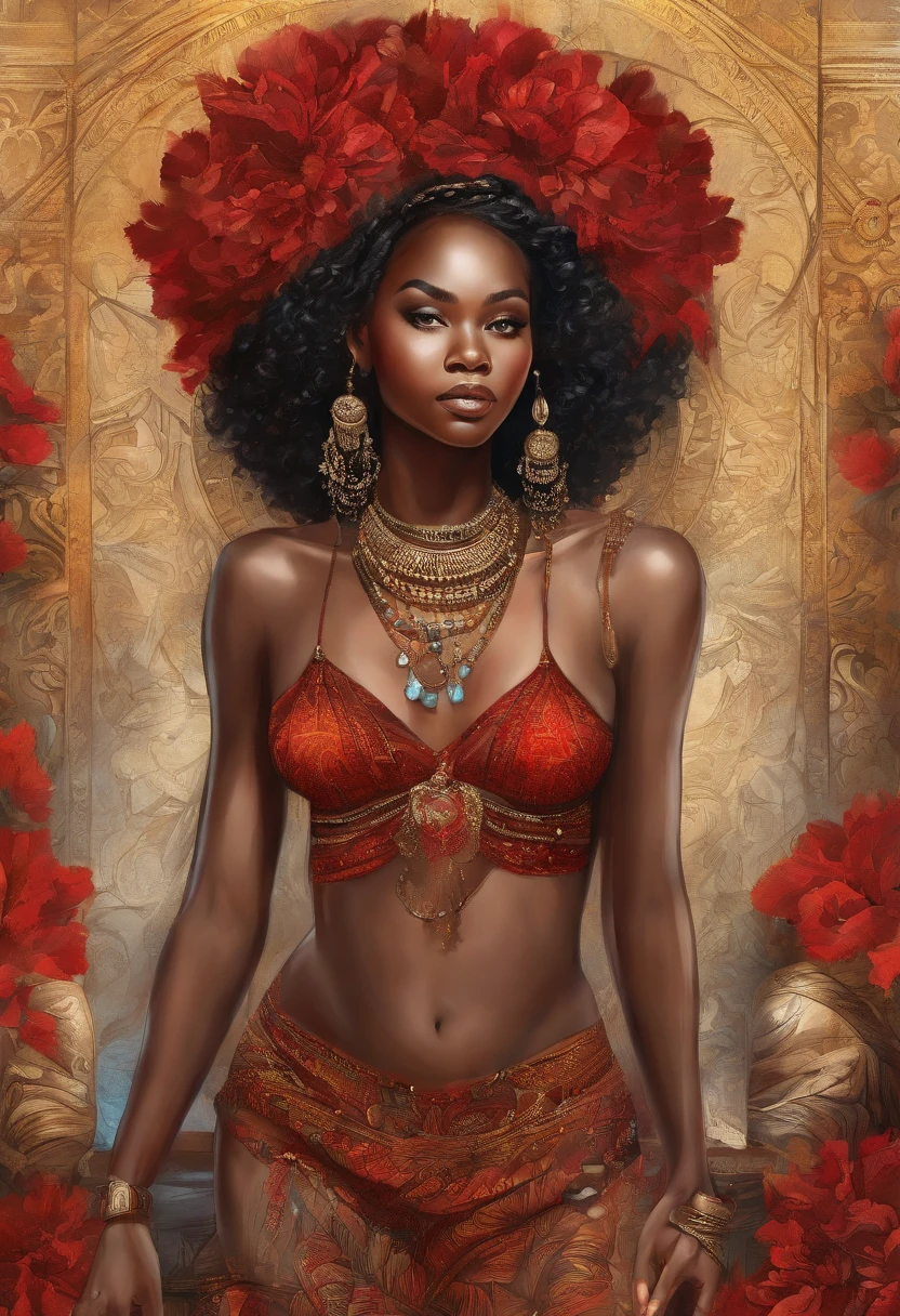 Destini, "Art africa official party, beautiful and aesthetic, black woman, masterpiece, beautiful detailed Eyes, Perfect eyes , Liam Wong, 1 brunette girl, (((red hair))), (((African))), bare shoulders,Super detailed eyes, African culture, short skirt, sexy, navel, very detailed,(highly detailed skin: 1.2), shiny skin, oily skin, wet skin, African city in the background, colorful party,Masterpiece, best quality, ultra high-resolution detailed illustration with a focus on portrait. Artlist_Milli-Liter, watercolor style, ink style, sketch style,Primary works,(its distinctive appearance and personality shining through: 1.1) , ( a snapshot capturing the ethereal allure of the black woman within the enchanting forest:1.1)),Arte Oficial, Beautiful and Aesthetic, 512 mil, Juju,silky hair, shiny hair, small waist, extremely beautiful, skin texture, dark skin tone, extremely defined body, athletic body. Wearing well detailed and refined chest and shorts. She is seated on a majestic and exquisite throne with precious stones, gold and silver detailed throne, red cushioned throne. Extremely detailed image.perfect_hands, hand-painted lines, Edge line, ink mark, Pencil line, vivid colors. Detailed depiction of girls wearing frilled clothes and featuring beautifully detailed skin."Juju
