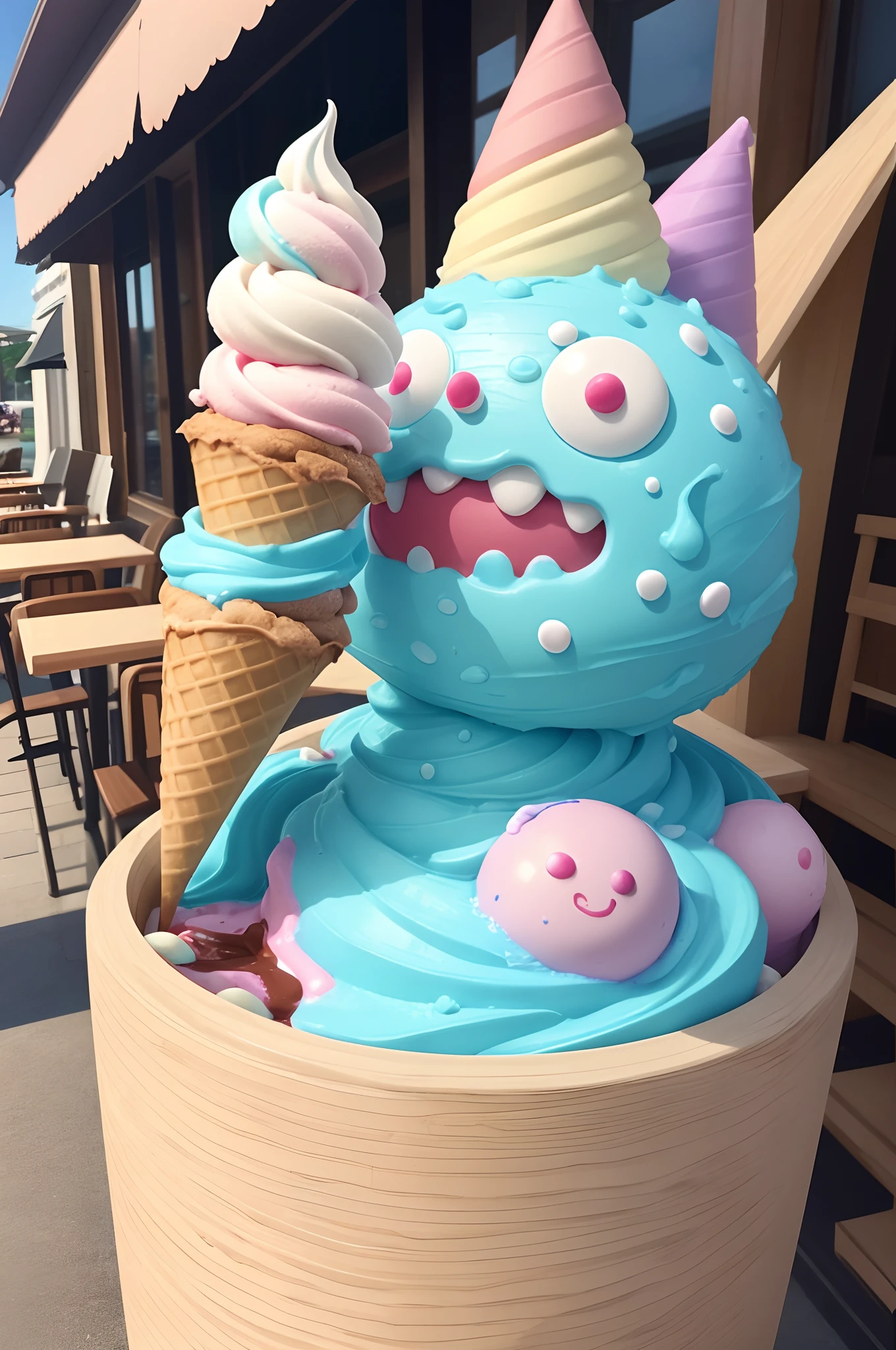 Absurd, High Definition, (16 K, 8K, awardwinning, of the highest quality, High Definition, high detailing, Super Detail, Anatomically correct, Textured skin, masutepiece: 1.4), Ice Cream Monster, (Anthropomorphic ice cream:1.4), slanted eye, Wide open mouth, tusk, Body Cones、banya、topping、chocolate sauce、Colorful Color Spray Chocolate、(Eating ice cream with your hands:1.1)、Ice Cream Ghost, Pastel colors, (Ice cream monster begins to melt in sunlight:1.2), cafe terrace,begins to melt in sunlight