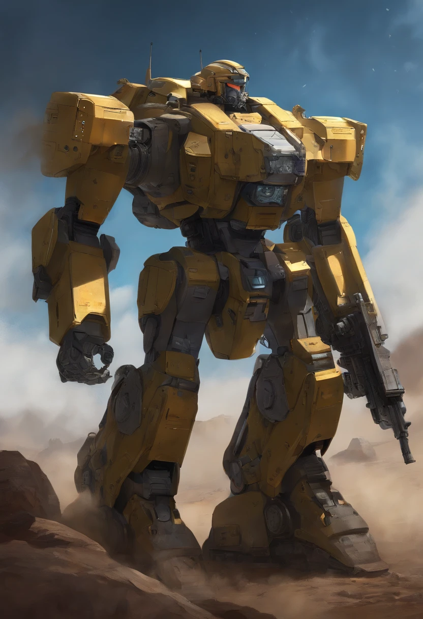 (masterpiece, best quality:1.2), a detailed drawing of a manly mech soldier, concept art by Tetsugoro Yorozu, featured on pixiv, synchromism, official art, full body, concept art, 4k