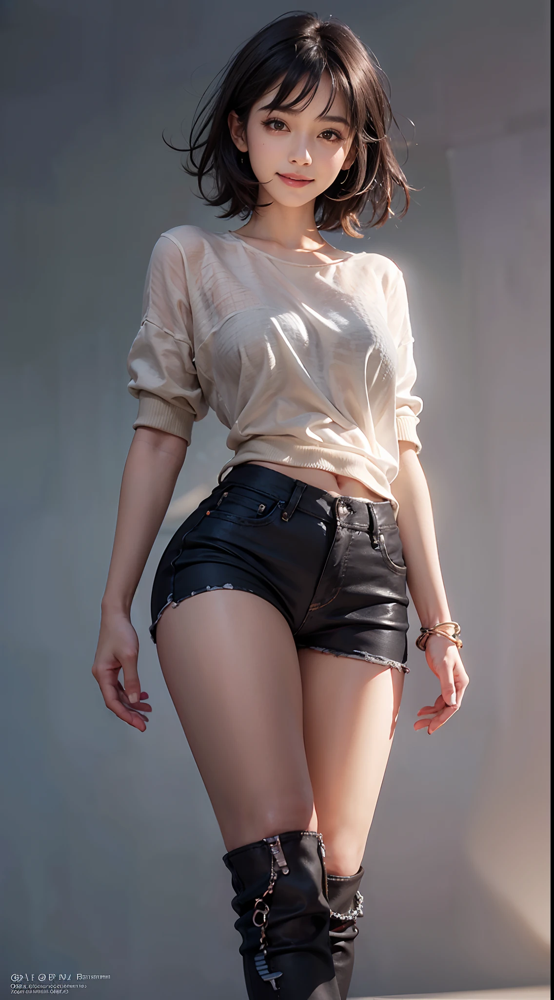 (NSFW), 1womanl, 24 year old, (cute  face), (Ideal ratio body proportions), Black skinny jeans, Clothes are sheer, Smiling smile, de pele branca, A slender, Dark hair, short-hair, Skinny Legs, beauty legs, Small buttocks, Skinny Legs, surrealism, Cinematic lighting, depth of fields, One-person viewpoint, F/1.8, 135 mm, nffsw, masutepiece, ccurate, Anatomically correct, Textured skin, Super Detail, high details, High quality, awardwinning, Best Quality, hight resolution, 8K