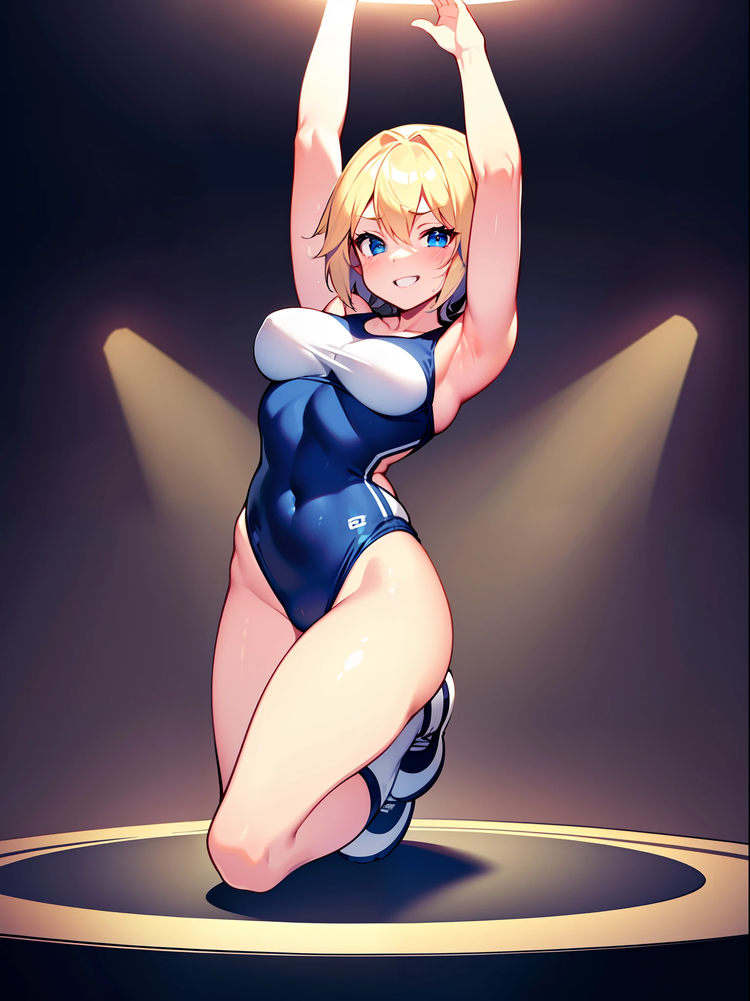 Modest, Shy, Infinitely cute and beautiful, sporty figure, pumped up athletic girl ; Blonde with short hair, with small neat elastic breasts; with protruding muscles; big eyes, long eyelashes, Happy, joyful smile, looking at the camera, Silk white ballet swimsuit, stretching, ballet steps; An alluring hand gesture to the audience, performing on stage, The spotlight is aimed at her (In the circle of light), Focus on that; full body photography, slightly distantly, Anatomical realism, higly detailed, high quality textures