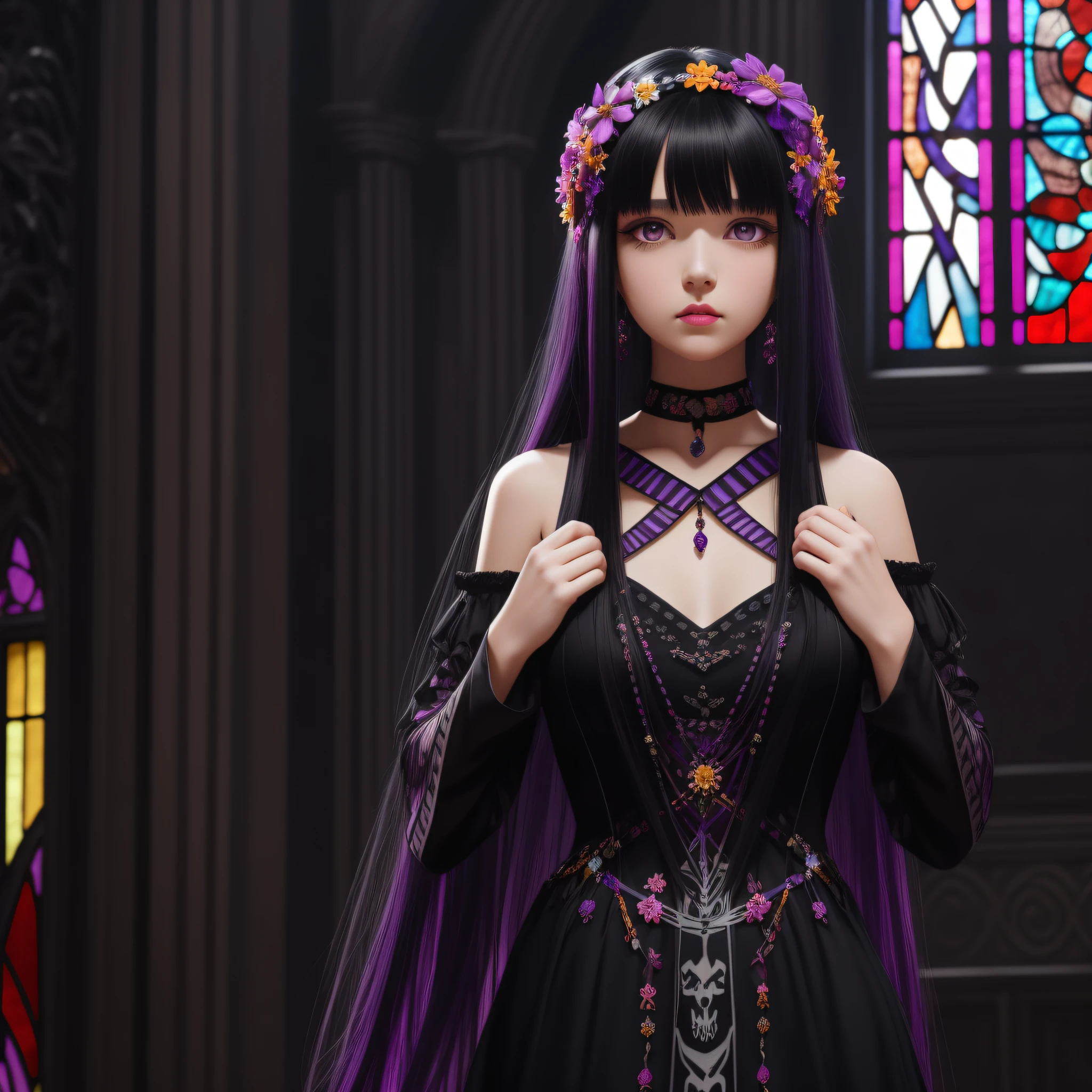 1girl, solo, black hair, long hair, looking at viewer, purple eyes, hair ornament, multicolored hair, colored inner hair, stained glass, bangs, upper body, gem, skeleton, black dress, two-tone hair, dress, indoors, red hair, lips, hand up, parted lips, spine, closed mouth, hair flower