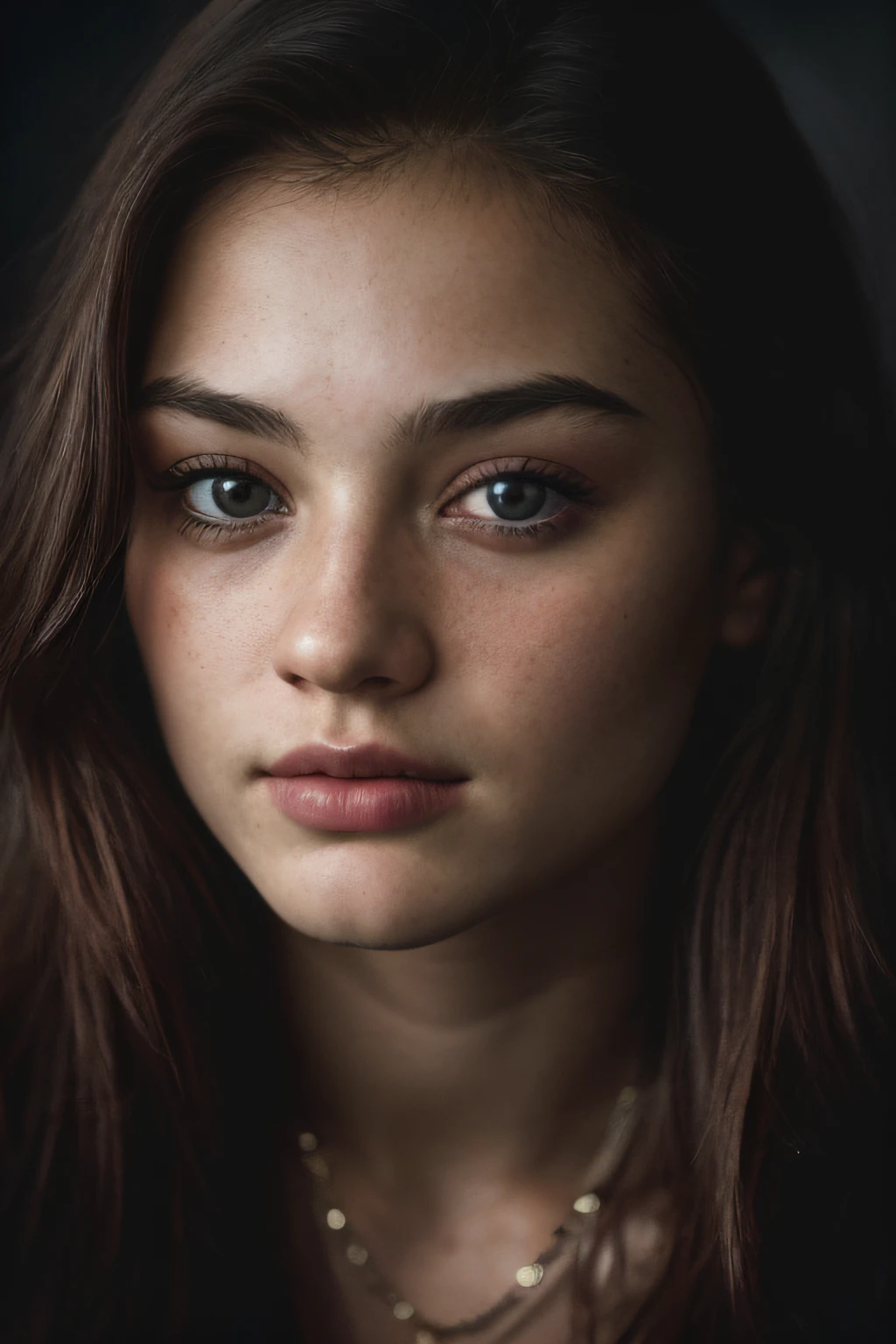 (close-up, editorial photograph of a 21 year old woman), (highly detailed face:1.4) (smile:0.7) (background inside dark, moody, private study:1.3) POV, by lee jeffries, nikon d850, film stock photograph ,4 kodak portra 400 ,camera f1.8 lens ,rich colors ,hyper realistic ,lifelike texture, dramatic lighting , cinestill 800,