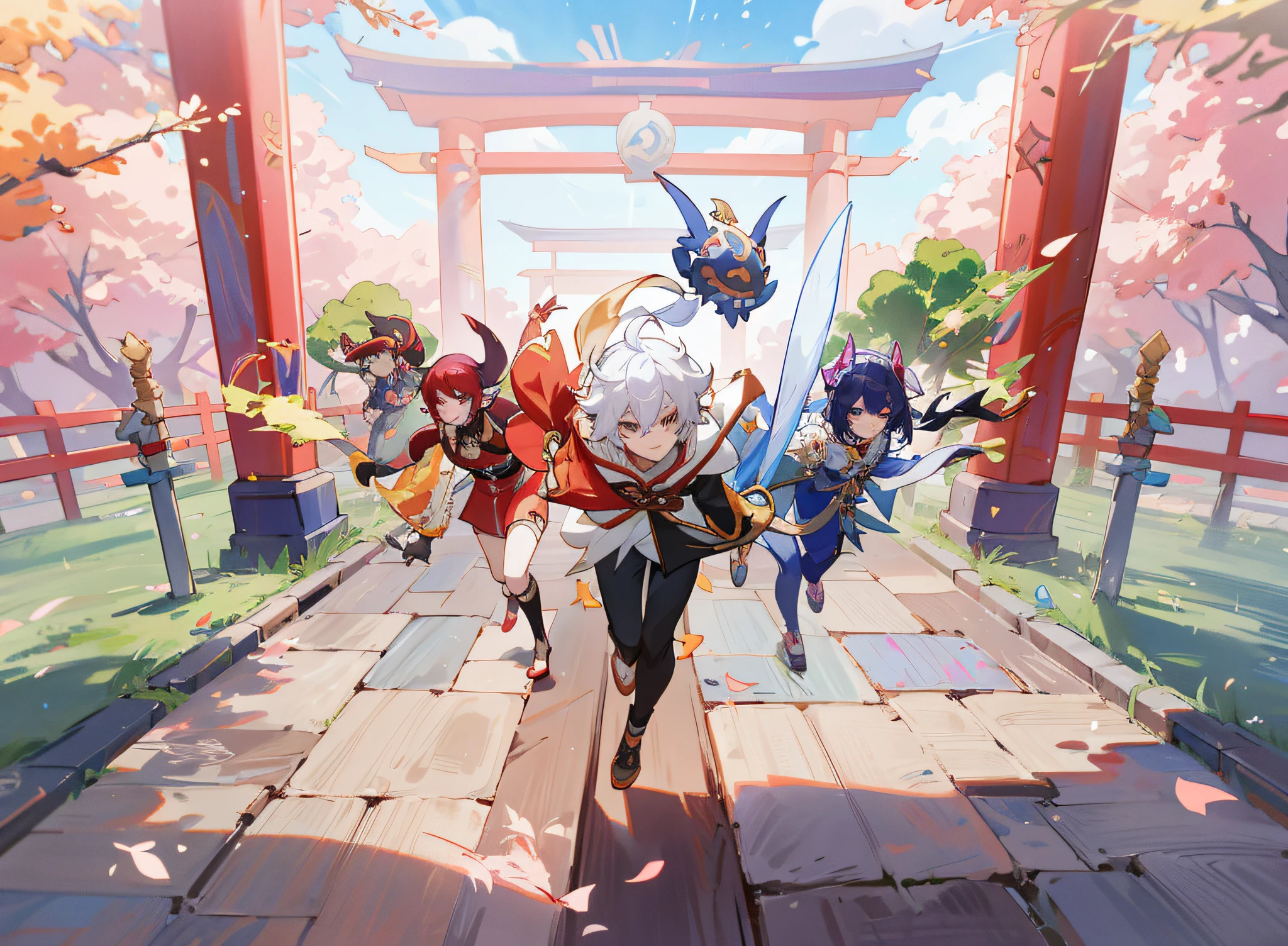 Anime characters run in paths with doors in the background, Onmyoji detailed art, onmyoji, Genshin, offcial art, video game genshin impact, 2. 5 D CGI anime fantasy artwork, league of legends style art, anime key visual concept art of, Official artwork, Genshin impact's character, league of legends art style, anime in fantasy style