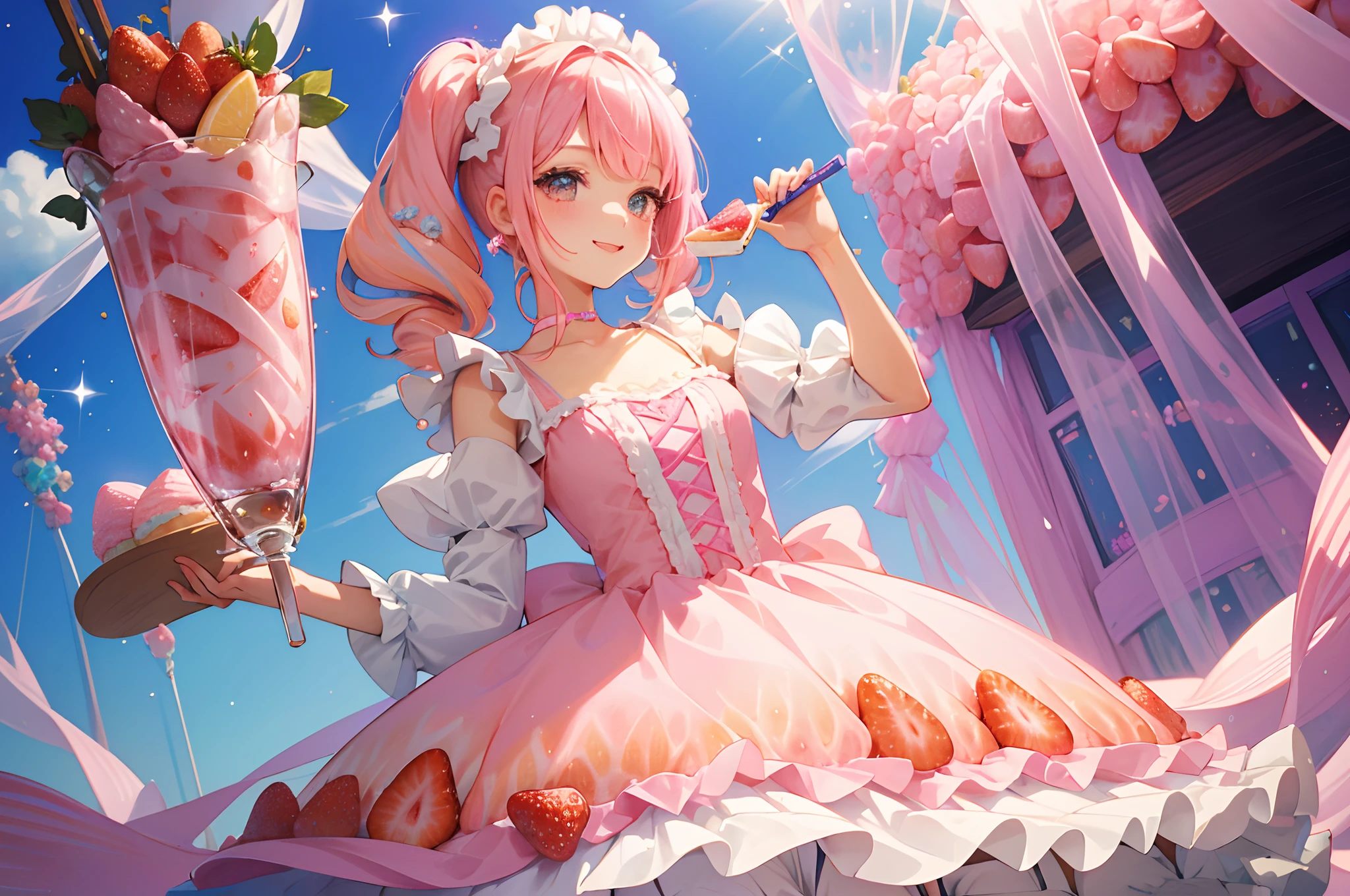 beautiful detailed fashion magazine style, pink hair girl wearing pastel decora fashion, intricate illustration, ice cream, sweets, shimmer, iridescent, light particles, cake, strawberries, fruits, dynamic angle, pink theme, pink hair, twintail, glossy, shiny clothes, ta fashion, frills, smile, 8k, 1girl