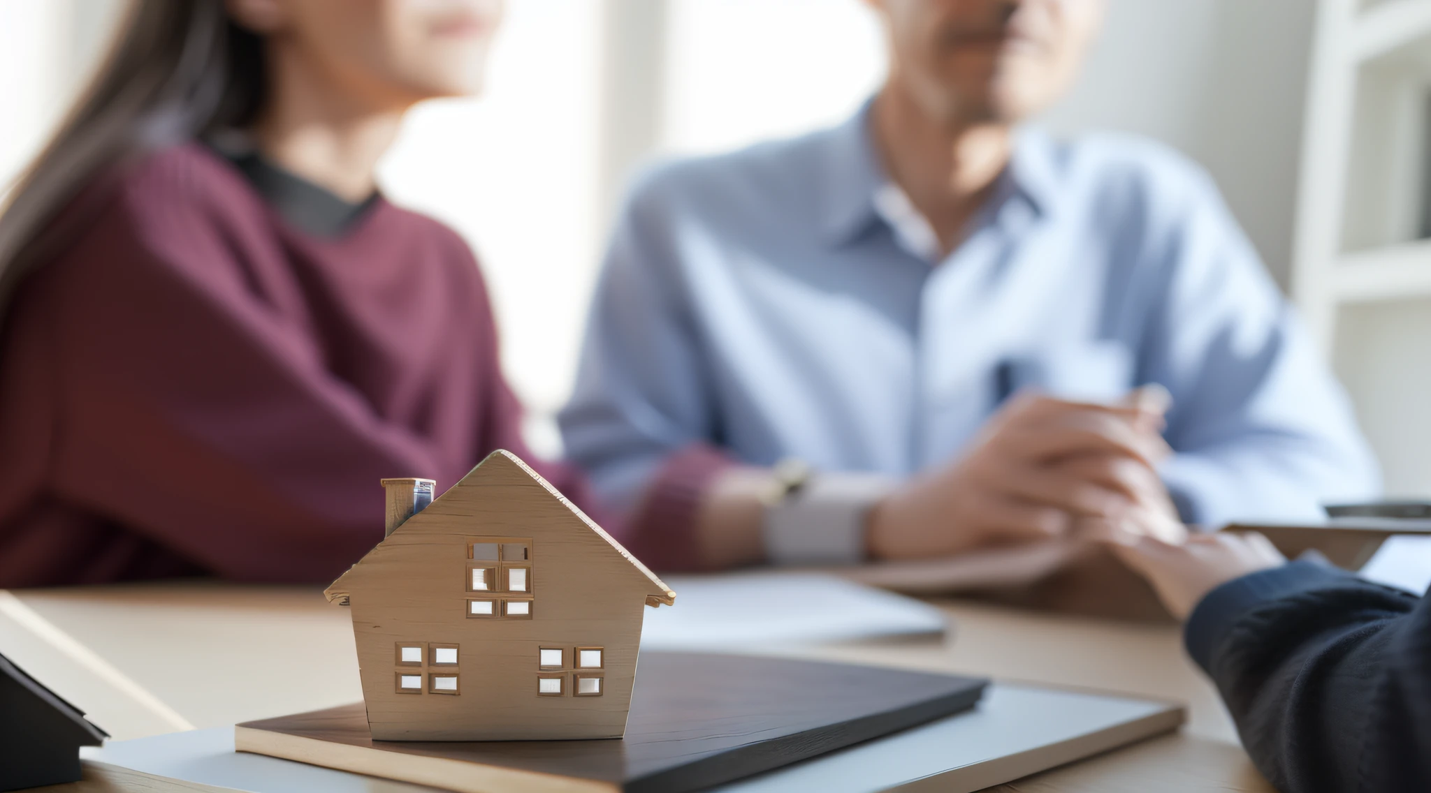 there are two people sitting at a table with a house model on top of it, people looking at a house, selling insurance, high picture quality, closeup photograph, on a dark background, excellent detail, photo of a model, hyperdetailed photo, finely detailed feature, blurred detail, wooden, detailed and complex, ad image, high detailed photo, artistic interpretation