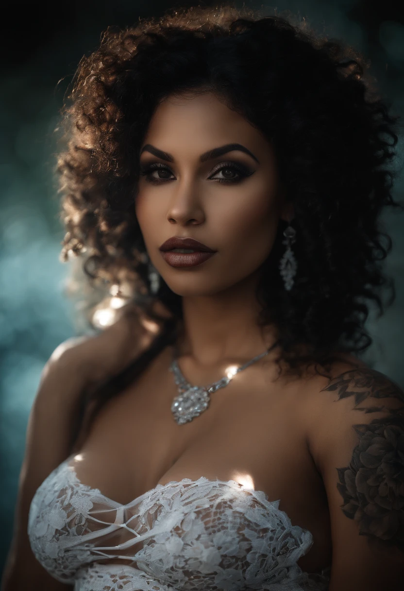 tattooed body, piercings, Sensual beautiful black woman, realistic facial expression, black curly hair, seductive look, red eyes, spiteful look, pale skin, tattoo on belly, with rich decoration, vampire, confident expression, large breasts (mysterious background, red fireflies, ethereal mist), high saturation, film light, rim light, best shadows, 8k uhd, (beautiful and delicate face detailed, Beautiful and delicate eyes detailed, a perfect face ratio, 35 years old, highly detailed skin, detailed skin, all tattooed body, transparent black lingerie, detailed lingerie, garter belt, sensual lingerie, ultra-realistic, bottom up, crouched, wide open legs pose, destini, destination