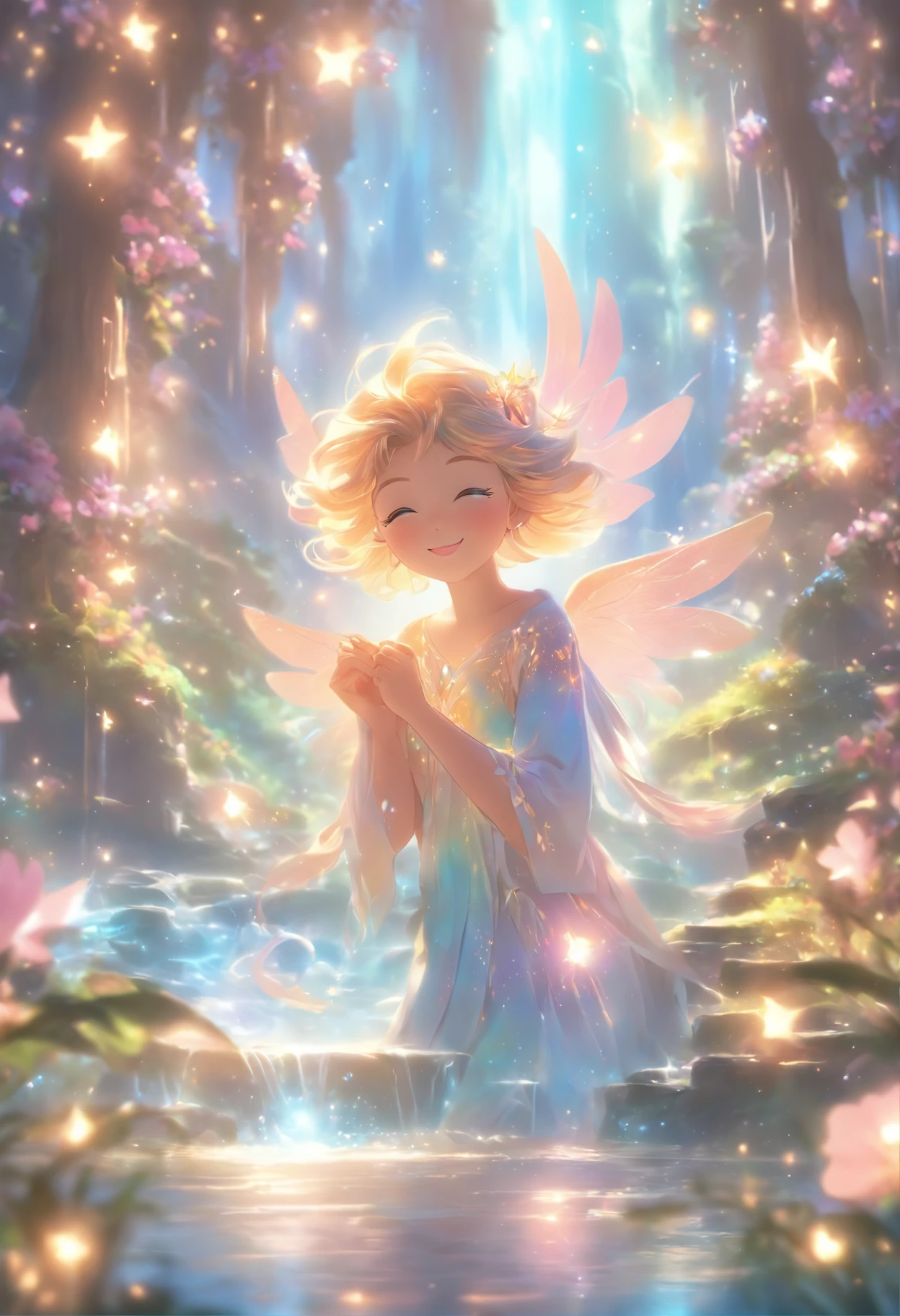 (best quality,4k,8k,highres,masterpiece:1.2),ultra-detailed,(realistic,photorealistic,photo-realistic:1.37),Mythical Cute Spirits,beautiful detailed eyes,beautiful detailed lips,extremely detailed eyes and face,longeyelashes,magical aura,sparkling features,colorful fantasy world,whimsical atmosphere,ethereal glow,enchanting charm,fantastical elements,dream-like setting,playful interactions,soft and pastel tones,floating in mid-air,dancing gracefully,airy and light textures,surrounded by flowers and trees,magical creatures,fanciful wings,glowing halos,mischievous smiles,gentle and soothing expressions,floating petals and leaves,serene and tranquil background,ethereal lighting,hint of golden sunlight streaming through the trees,subtle lens flare,surreal and enchanting environment,glowing moonlight illuminating the scene,sparkling Stardust in the air,peaceful and harmonious composition,joyful and uplifting presence,whispering secrets of nature,spread of happiness and positivity,sparkling waterfalls in the background,soft breeze rustling through the leaves,mesmerizing beauty and elegance,delicate and intricate details,peaceful and magical ambiance,sparkling eyes reflecting starlight,vibrant and lively colors,delightful and wondrous spirits,endearing and lovable beings,bringing joy and laughter to the world.