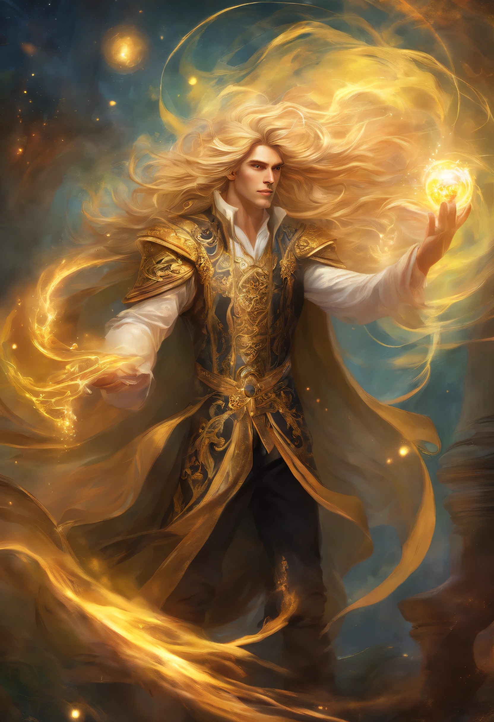 highly detailed handsome mage with long flowing golden blonde hair in richly dressed black rococo suit casting a spell
