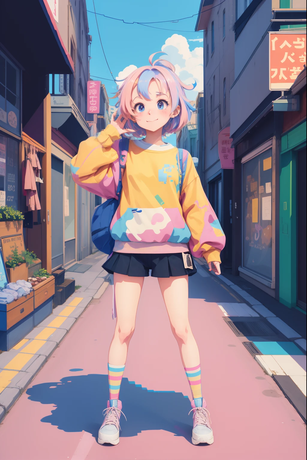 a close-up of a person standing in a street with a road sign, Lofi Fille, #Pixelart:3, Anime Vibes, In Praise of Artstyle, # Pixelart, #Pixelart, Style anime. 8k, Style anime 4 K, Retro anime girl, 8 0 s anime vibe, colorful aesthetics, Colorful Pixel Art, Anime aesthetics, Couleurs Lofi