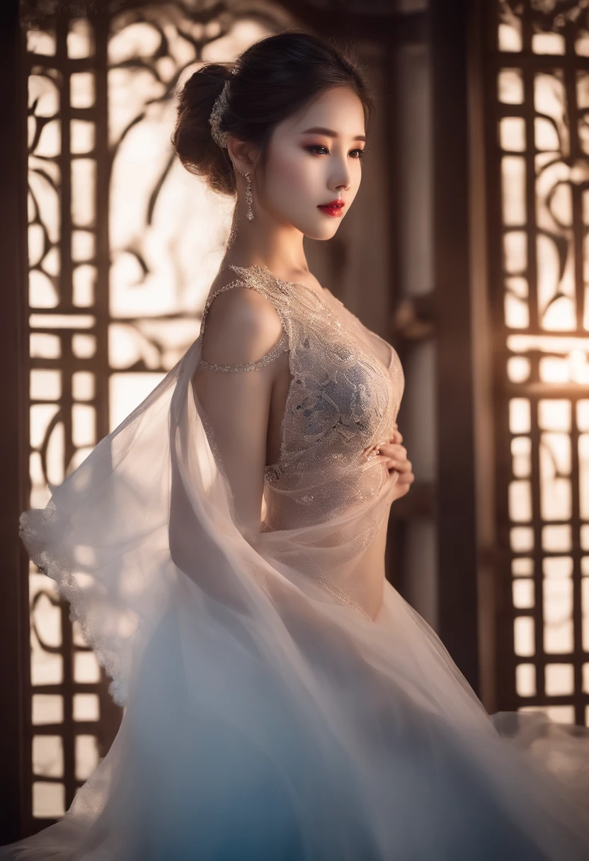 indian girl Lingerie sexy outfit、Show shoulders、Navel Ejection、How to wear a gown with a dark see-through halter neck broken、Decorated with intricate patterns and pastel colors、Transparent material that makes the skin shine、Artistic depiction of seductive woman in gown with wet thin cloth and transparent skin, elegantly lingerie 、Emphasizes her charming silhouette。She's a gentle fireworks night、Dynamic Posing、Sexy Posing、bathed in the soft glow of moonlight。The scene is、With a hint of mystery and sensuality、It exudes an ethereal dreamy atmosphere。The image style is、It incorporates a blend of watercolor and digital illustration techniques.、It makes you feel delicate beauty and charm。Soft moonlit lighting、Cast gentle highlights and shadows on her mesmerizing features。Dynamic Posing、Bold poses、The hand is somewhere、see -through、show through、A sexy、Sakura blizzard、buried、Transparent skin、Chest Pulling、Translucent clothes、Eau、nudde、garterbelts、fishnet tights、huge moon、Upper body photography、masutepiece, ((night street))