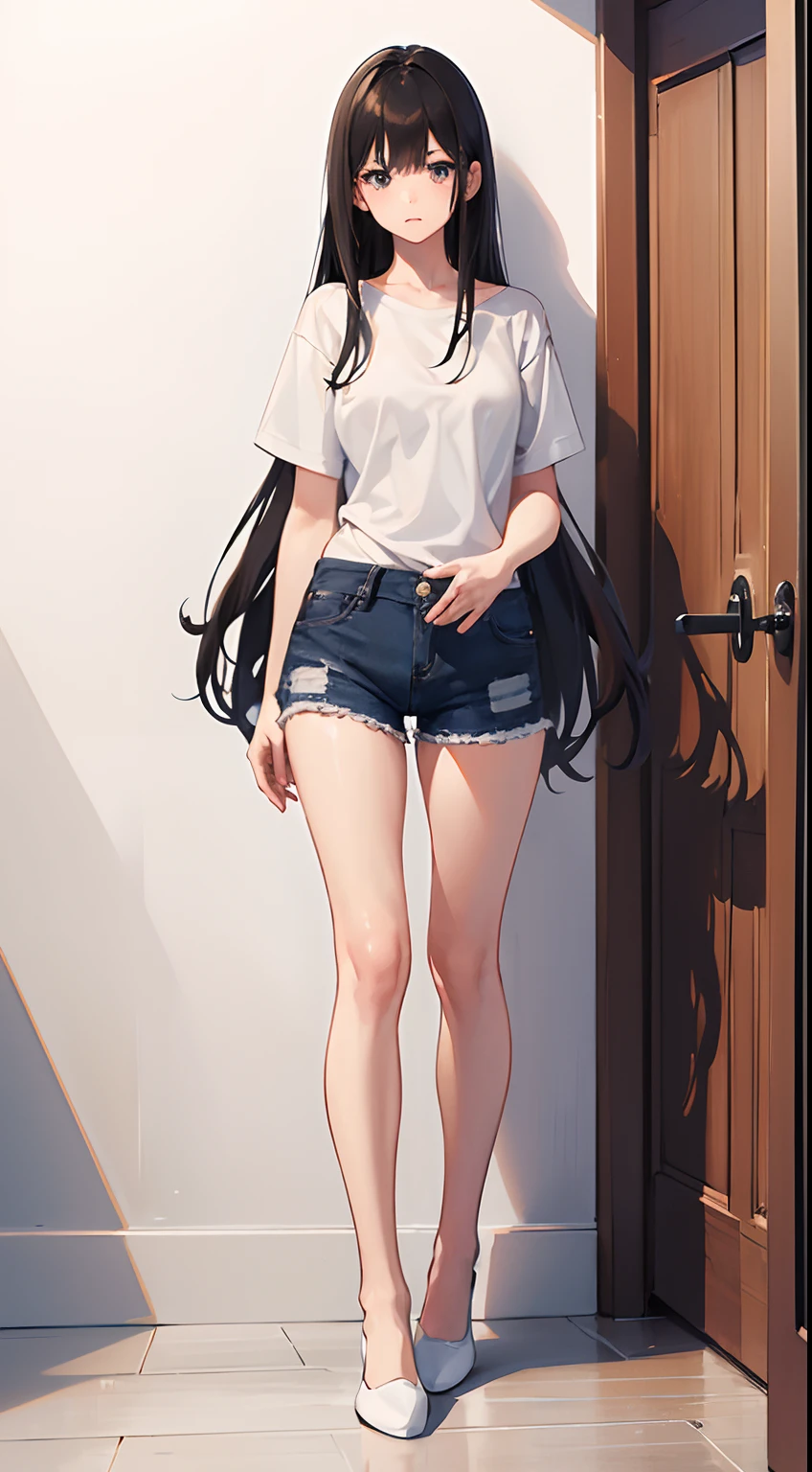 (1girl in), Adult, (interview), (Simple background),Beautiful detailed eyes, Delicate beautiful face, Focus on Face, A dark-haired,Longhaire, fluffy hair, Gray background,White T-shirt and jeans,slippers,Room Shoes,Brownish,is standing,Calm,femele,Draw the whole body