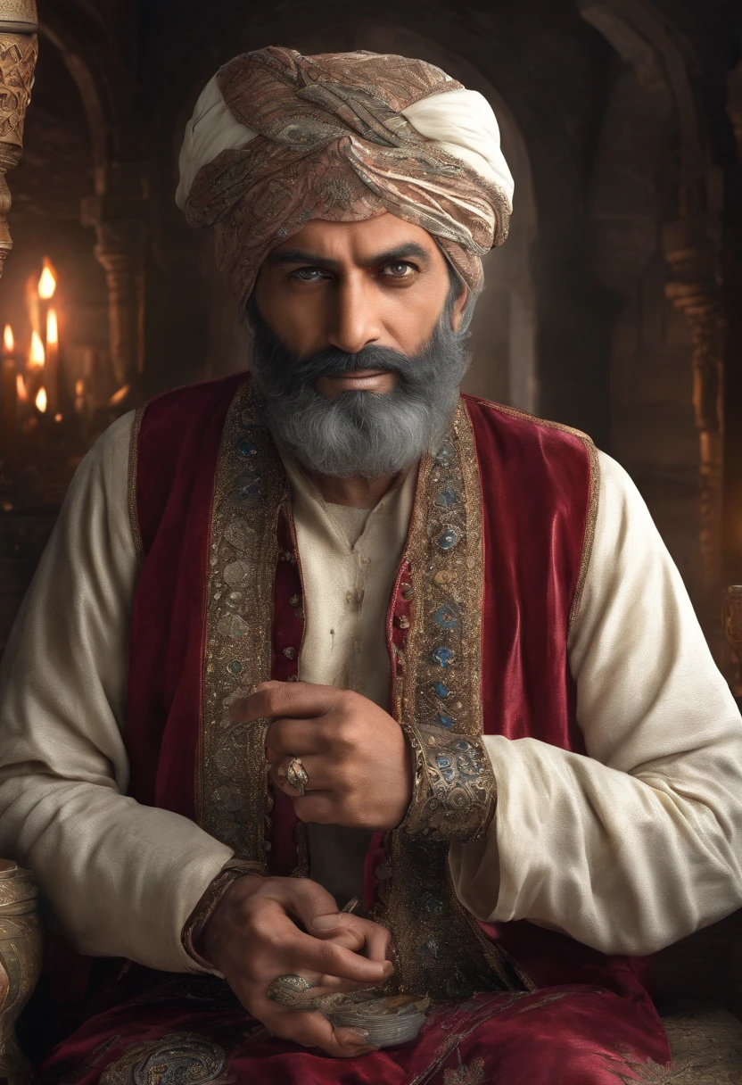 Muslim old Mughal king, with white and grey hair and beard, has a big scar on his left eye, five foot seven inch height, strongly built, dark complexion, man around 45 years old, natural black hair, distinctive blue eyes, wearing a kings cloths, slender and graceful, beautiful, candlelight in a medieval setting, ultra sharp focus, realistic shot, mughal male clothes, tetradic colors, full body, long shot, scene of bazar in the background (scar:1.4)