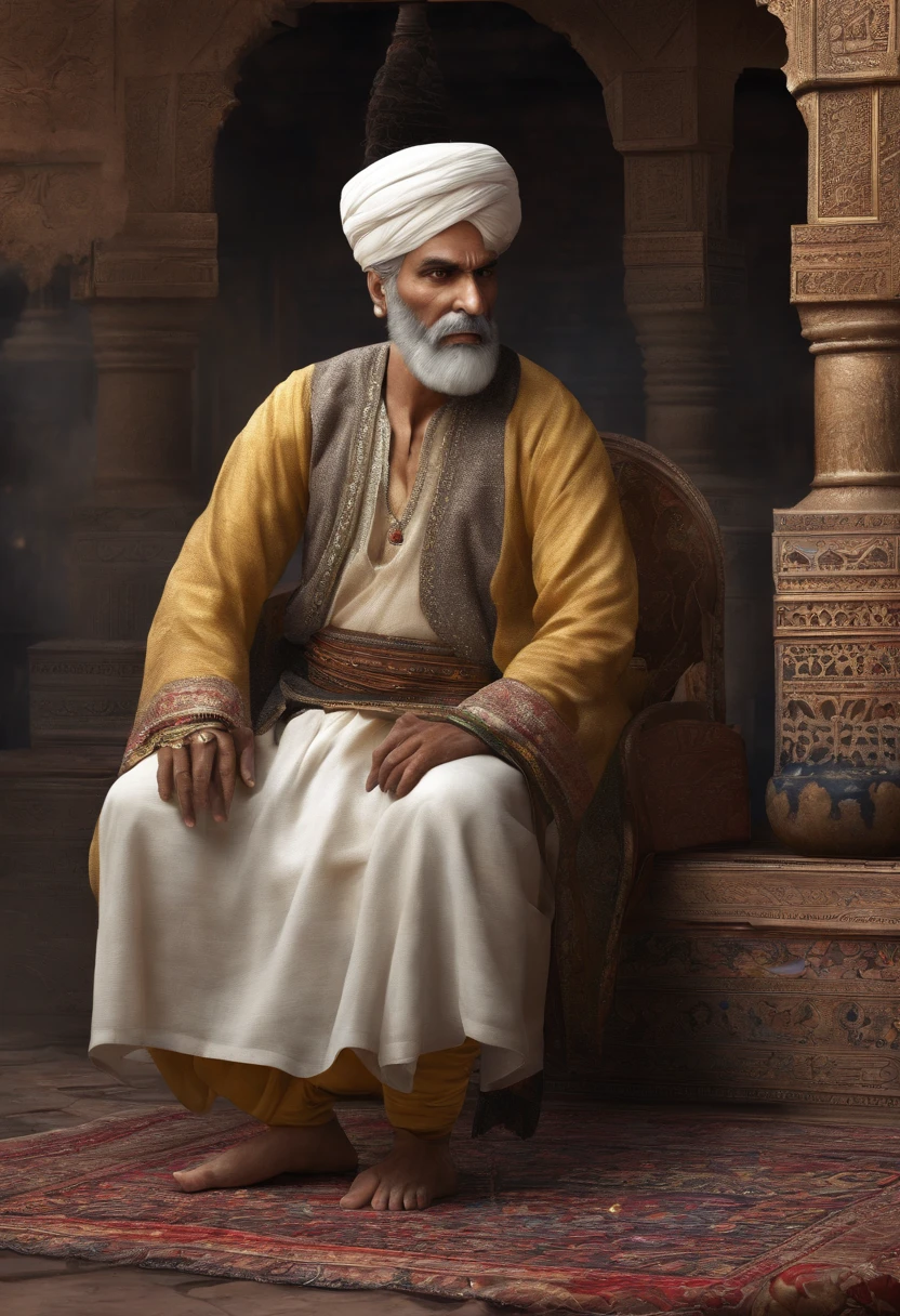 Muslim old Mughal king, with white and grey hair and beard, has a big scar on his left eye, five foot seven inch height, strongly built, dark complexion, man around 45 years old, natural black hair, distinctive blue eyes, wearing a kings cloths, slender and graceful, beautiful, candlelight in a medieval setting, ultra sharp focus, realistic shot, mughal male clothes, tetradic colors, full body, long shot, scene of bazar in the background (scar:1.4)