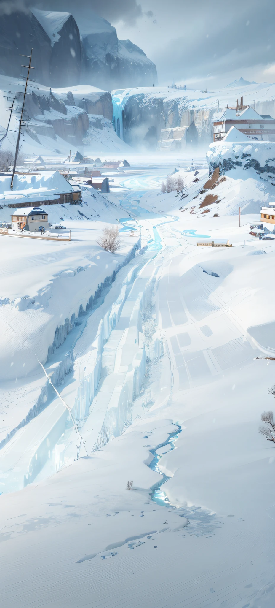 snowy landscape，Frozen lake and a couple of cars, icey tundra background, Arte conceitual de inverno, snow wasteland, Snowy. By Makoto Shinkai, ❄️ Corrupt concept art, ice city in 2 0 8 0, concept art highly detailed, concept art artwork masterpiece, stunning concept art, concept art stunning atmosphere, concept-art