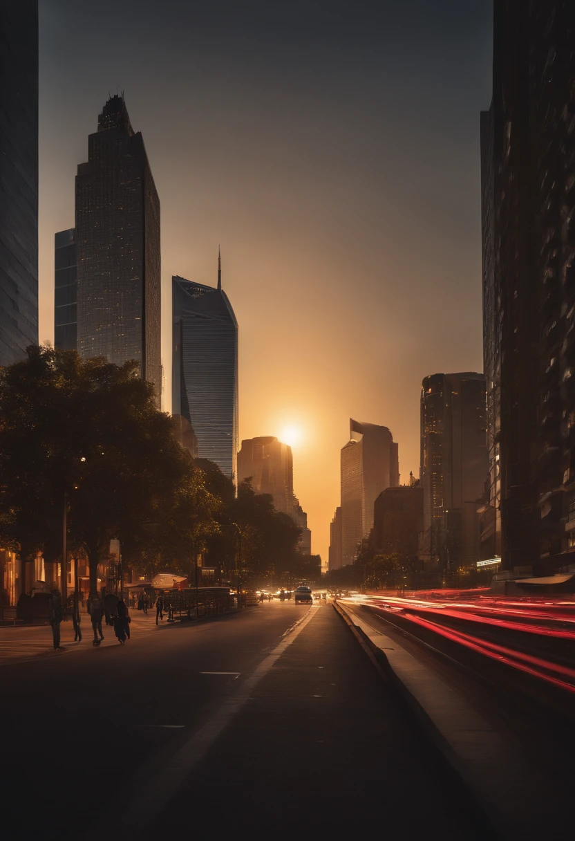 (best quality,4k,8k,highres,masterpiece:1.2), ultra-detailed, (realistic,photorealistic,photo-realistic:1.37), (person),(backlit),(silhouette),(distant),(cityscape:1.2), (warm tones), (vibrant colors), (sunset lighting), (shadows),(dusk),(hustle and bustle of the city),(towering skyscrapers),(gleaming lights),(traffic trails:1.1),(peaceful atmosphere:0.9),(serene),(calm), (scenic view),(majestic buildings),(sun rays),(golden hour:1.1), (mysterious), (dreamlike), (ethereal), (distant figures),(anonymous),(secluded),(solitude),(tranquility)