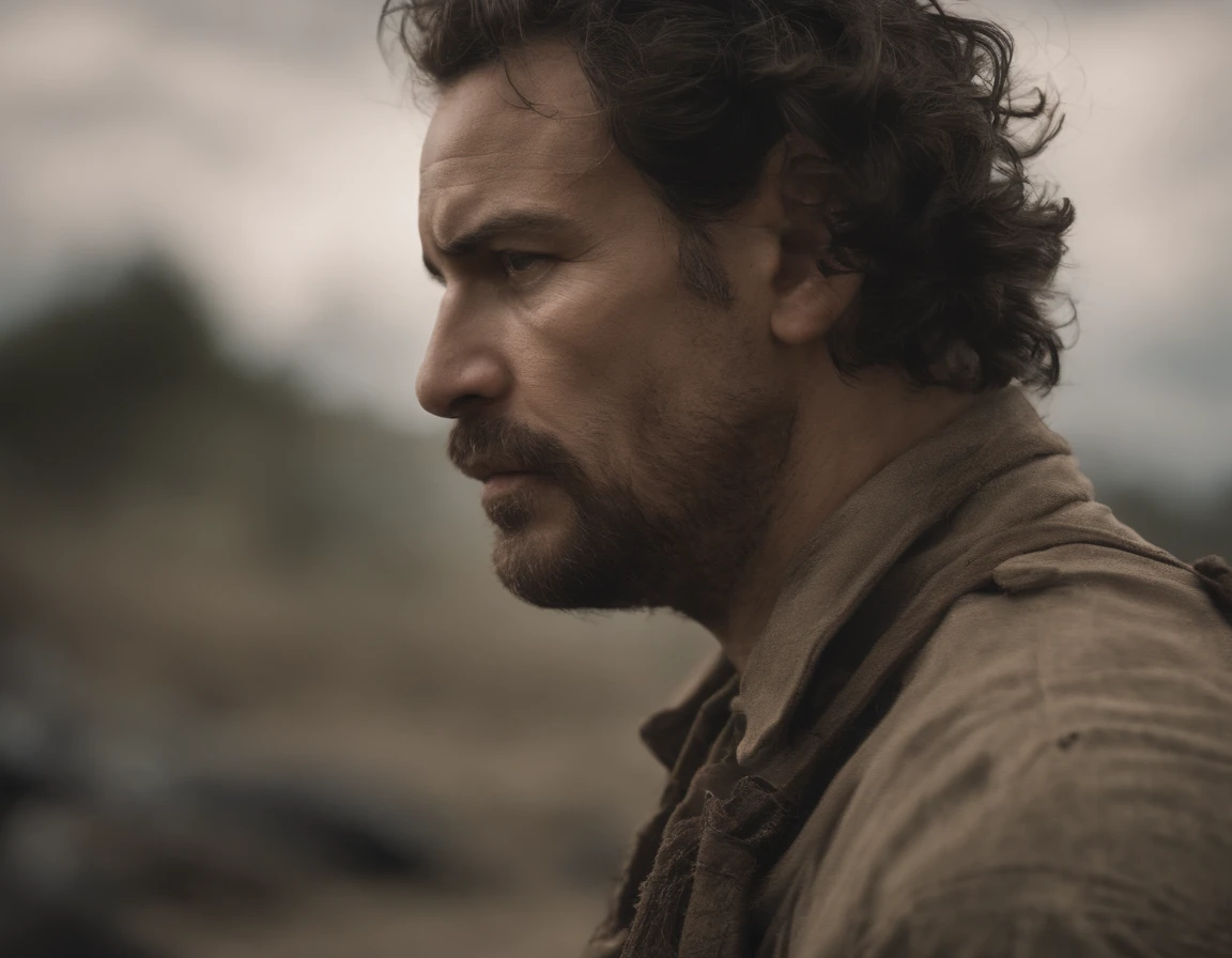 a rugged, 30 years old muscled character in a limited color scheme with vibrant colors. This character has a simple, caricatured appearance with oversized arms and small legs, bare feet, and tattered futuristic prison attire. Shackles bind his wrists and legs, and he appears dirty, sweaty, and disheveled, with long unkempt hair, stubble on his cheeks, and an exhausted expression. The character is standing still, gazing ahead in wonder, having just emerged from a dense forest. Capture a full-body shot from an extreme low angle for a cinematic feel.