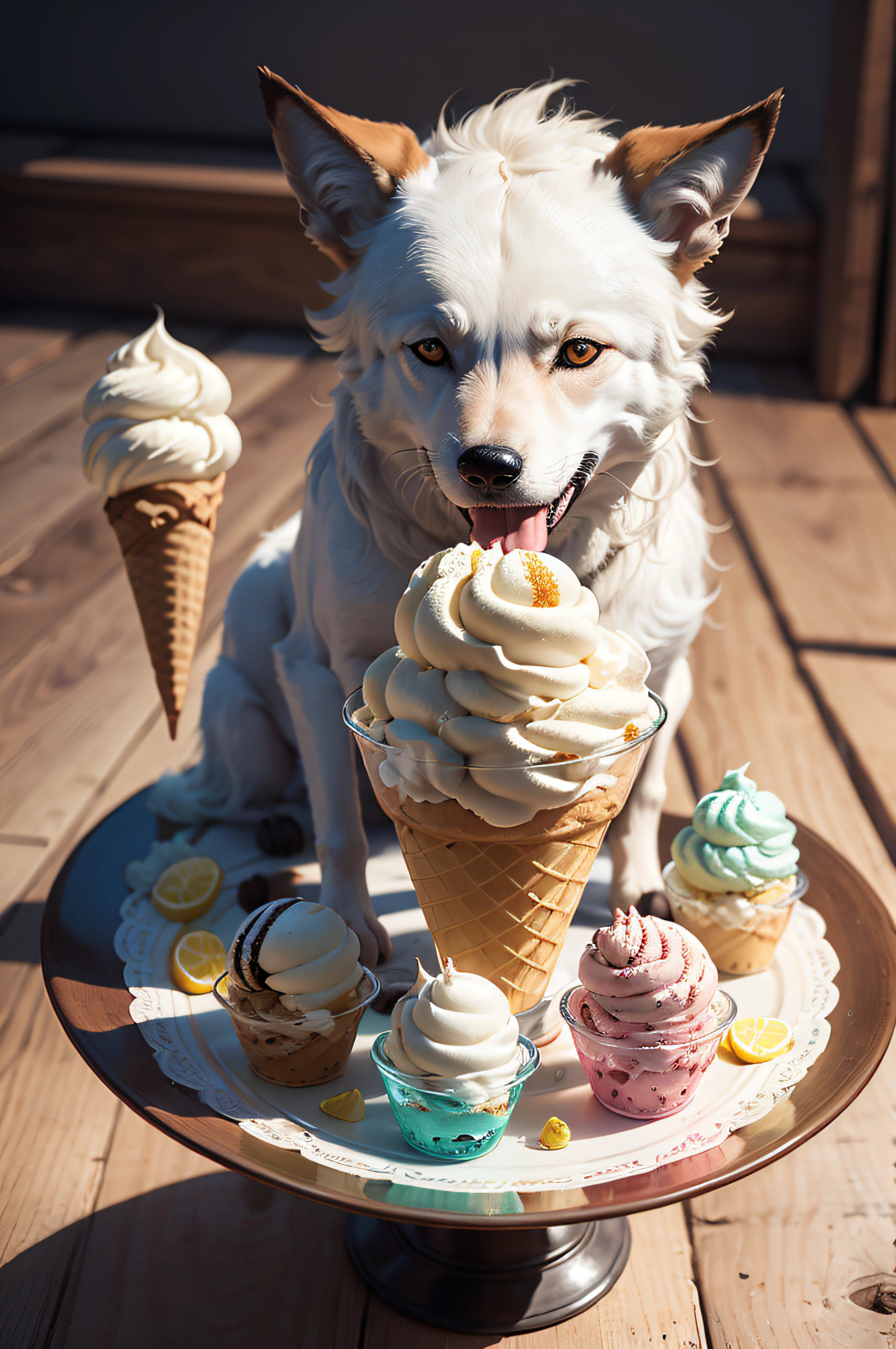 ice cream fantasy on a made of intricate glass plate, made of the ice cream with colorful sugar craft sculptures white wolf, (absurdly adorable cute, standing in honor:1.2), white sugar plum rain, (ice cream texture:1.3),