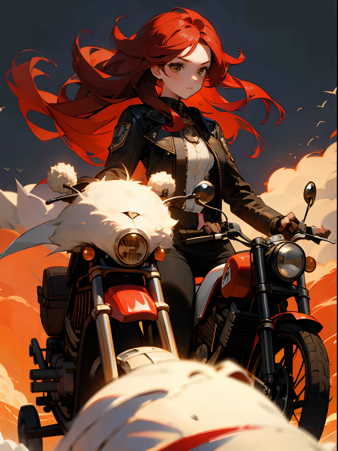 girl with、Motorbike、steampunc、Americans、Fluffy hair、redhair