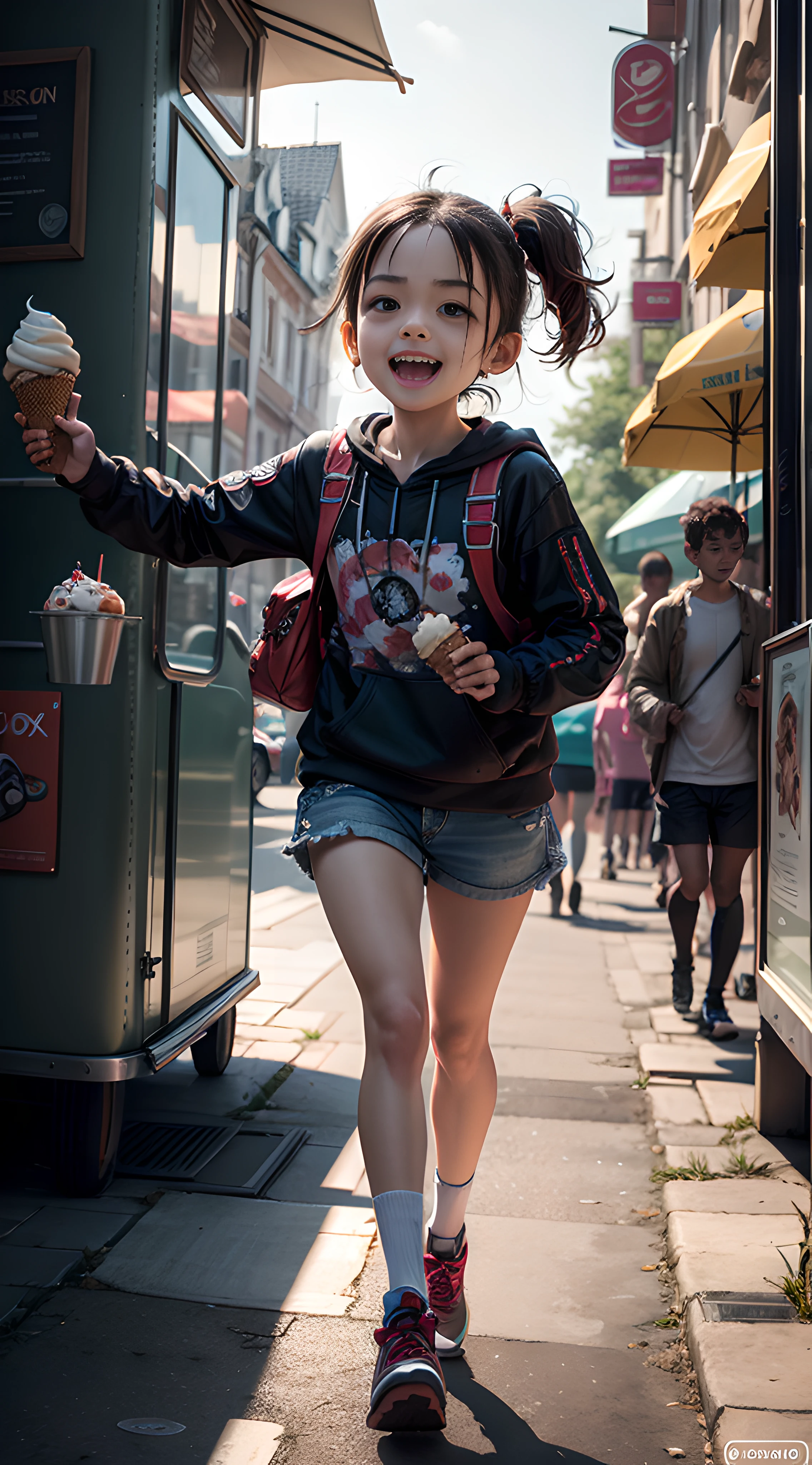 8k masterpice, best quality:1.2, Create an image of a little girl running with joy toward a charming ice cream van in a picturesque park. Emphasize her wide-eyed excitement, the vibrant ice cream van, and the irresistible ice cream treats on display. Capture the pure delight and magic of this fleeting childhood moment, quixel megascan, ray tracing, sub-surface scattering, 3d work, cg9 studio,