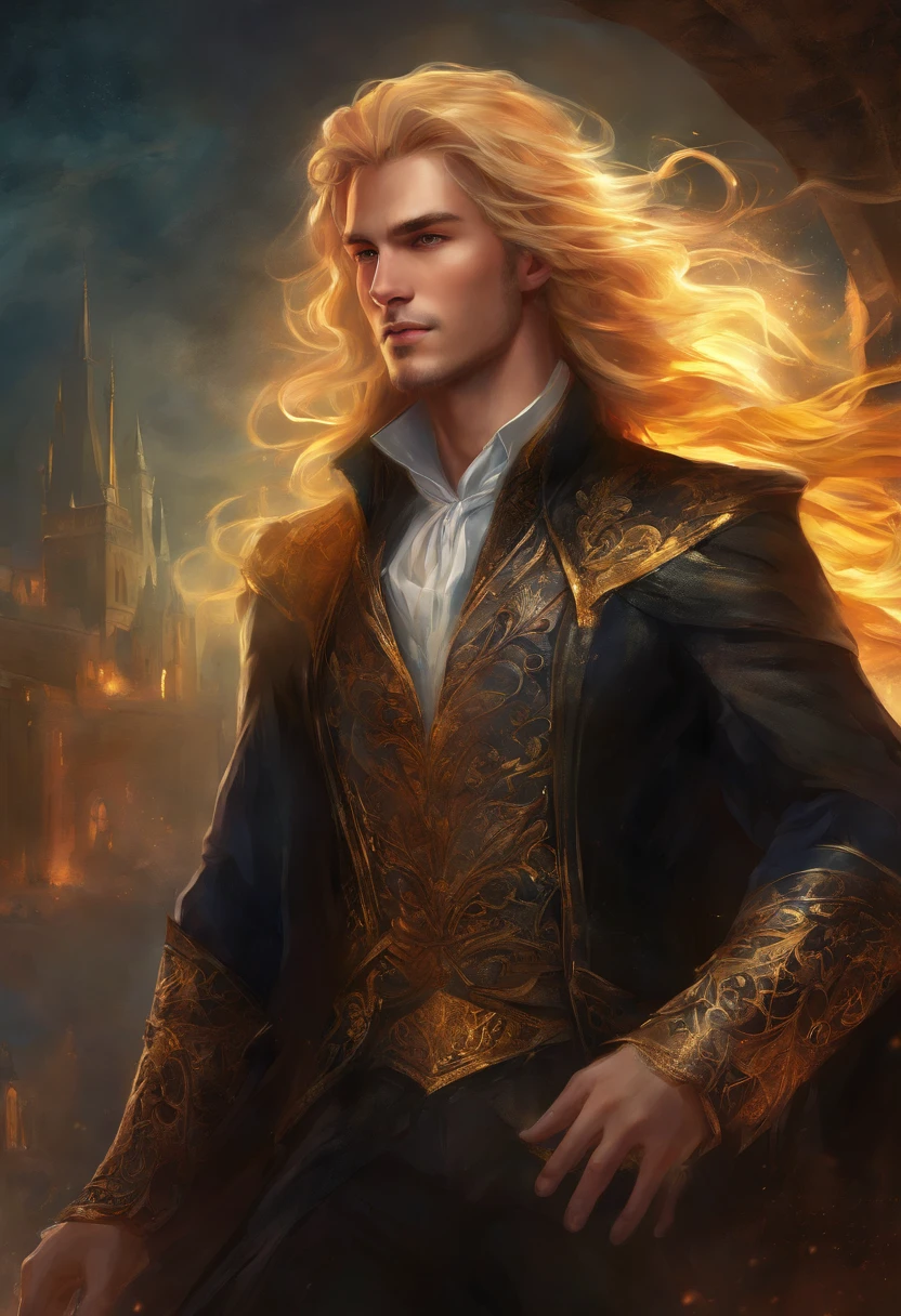 highly detailed handsome mage with long flowing golden blonde hair in richly dressed black Elizabethan suit casting a shadowy dark spell