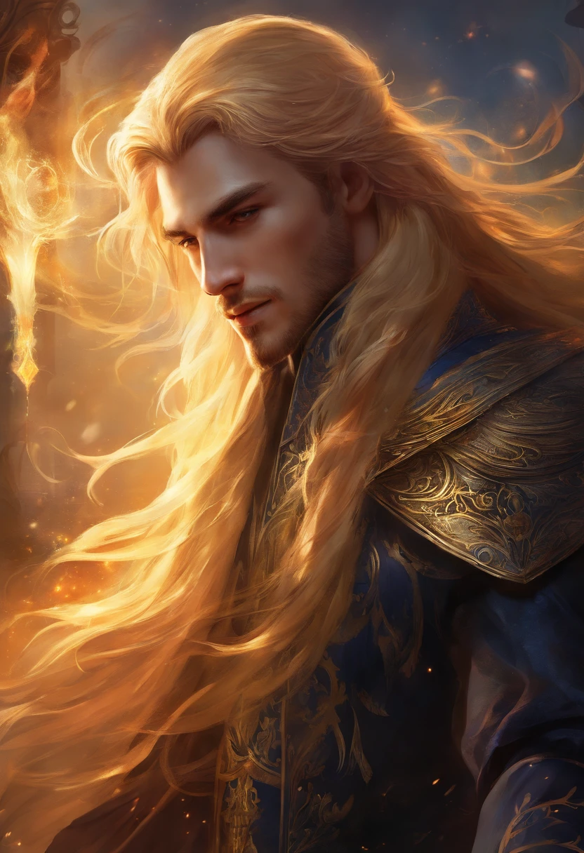 highly detailed handsome mage with long flowing golden blonde hair in richly dressed black Elizabethan suit casting a shadowy dark spell