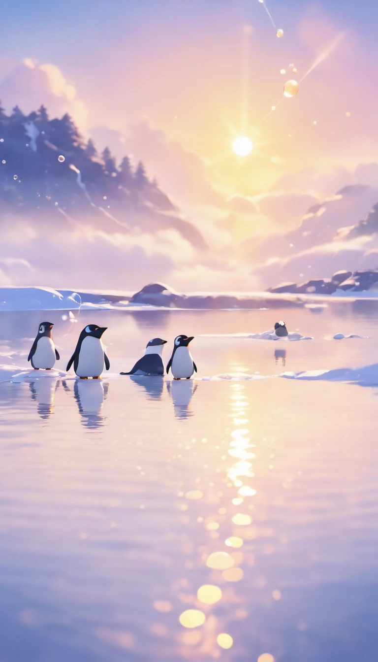 An inspiring scene in ultra-high definition 3D showcasing penguins making wishes on the shores of a tranquil lake. penguin, Beautifully rendered down to the smallest detail, Bubbles are seen gently blown into the air, Each has a wish of hope. Bubbles capturing the reflection of the setting sun, Dreamy creation, magical effect. The overall atmosphere is soft, Full of hope and tranquility