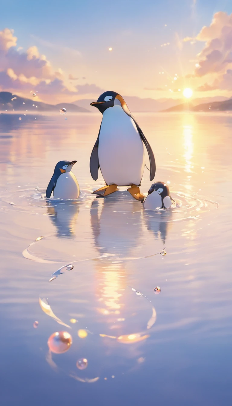 An inspiring scene in ultra-high definition 3D showcasing penguins making wishes on the shores of a tranquil lake. penguin， Beautifully rendered down to the smallest detail, Bubbles are seen gently blown into the air, Each has a wish of hope. Bubbles capturing the reflection of the setting sun, Dreamy creation, magical effect. The overall atmosphere is soft, Full of hope and tranquility