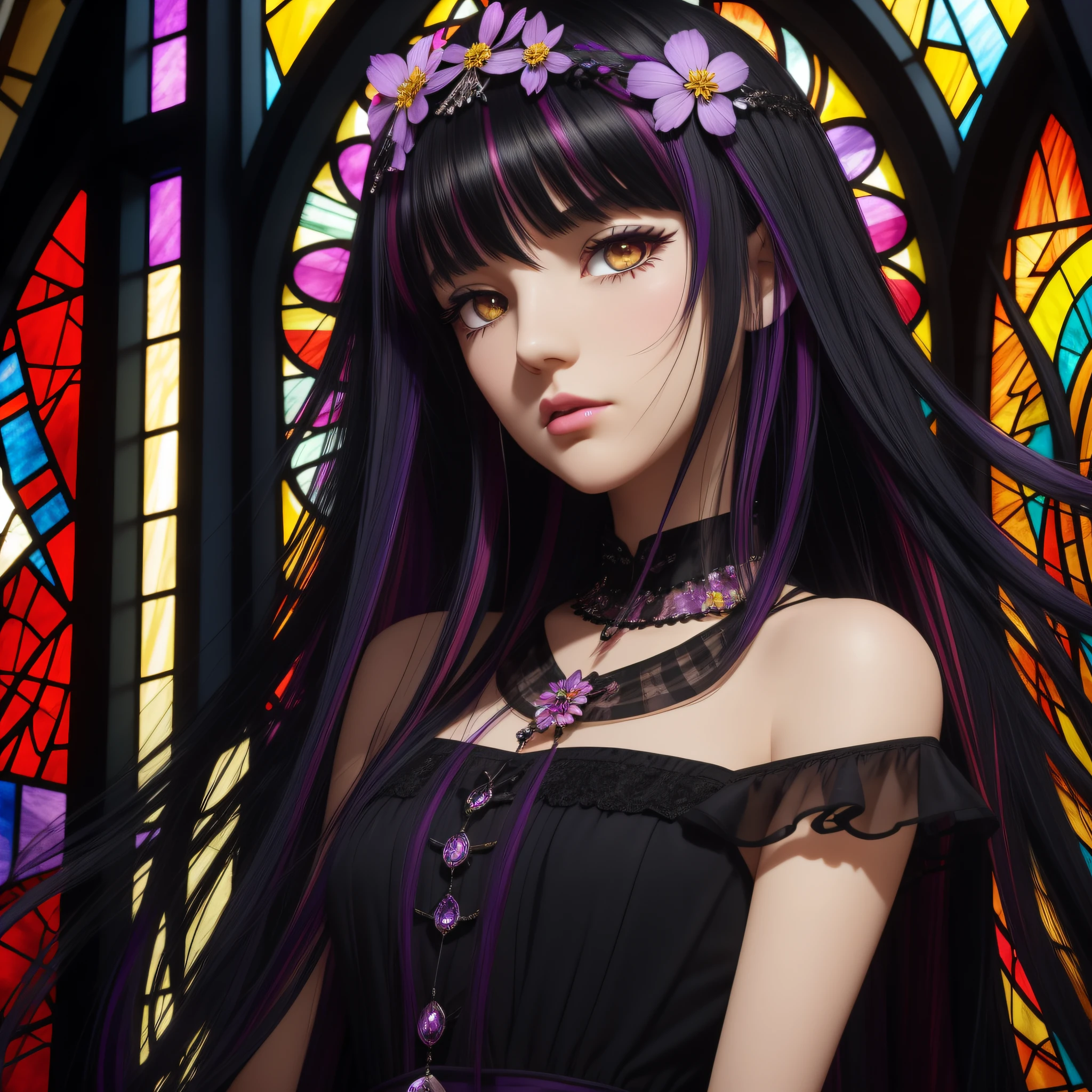 1girl, solo, black hair, long hair, looking at viewer, purple eyes, hair ornament, multicolored hair, colored inner hair, stained glass, bangs, upper body, gem, skeleton, black dress, two-tone hair, dress, indoors, red hair, lips, hand up, parted lips, spine, closed mouth, hair flower