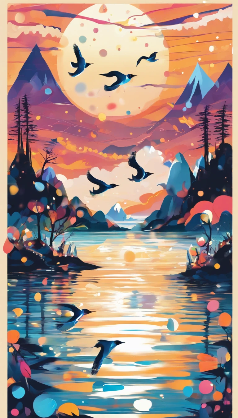 An inspiring scene in ultra-high definition 3D showcasing penguins making wishes on the shores of a tranquil lake. penguin, Beautifully rendered down to the smallest detail, Bubbles are seen gently blown into the air, Each has a wish of hope. Bubbles capturing the reflection of the setting sun, Dreamy creation, magical effect. The overall atmosphere is soft, Full of hope and tranquility