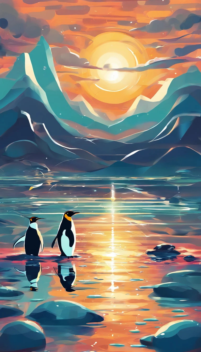 An inspiring scene in ultra-high definition 3D showcasing penguins making wishes on the shores of a tranquil lake. penguin， Beautifully rendered down to the smallest detail, Bubbles are seen gently blown into the air, Each has a wish of hope. Bubbles capturing the reflection of the setting sun, Dreamy creation, magical effect. The overall atmosphere is soft, Full of hope and tranquility