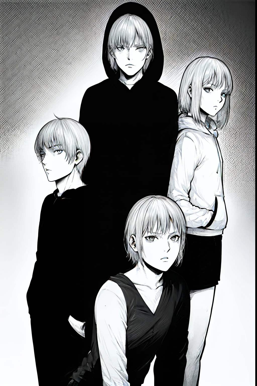 Four male students stood in a row,In the center is the protagonist,The protagonist(short detailed hair,Hoodie),The other three had no facial features,black and white manga style,Four people,Four